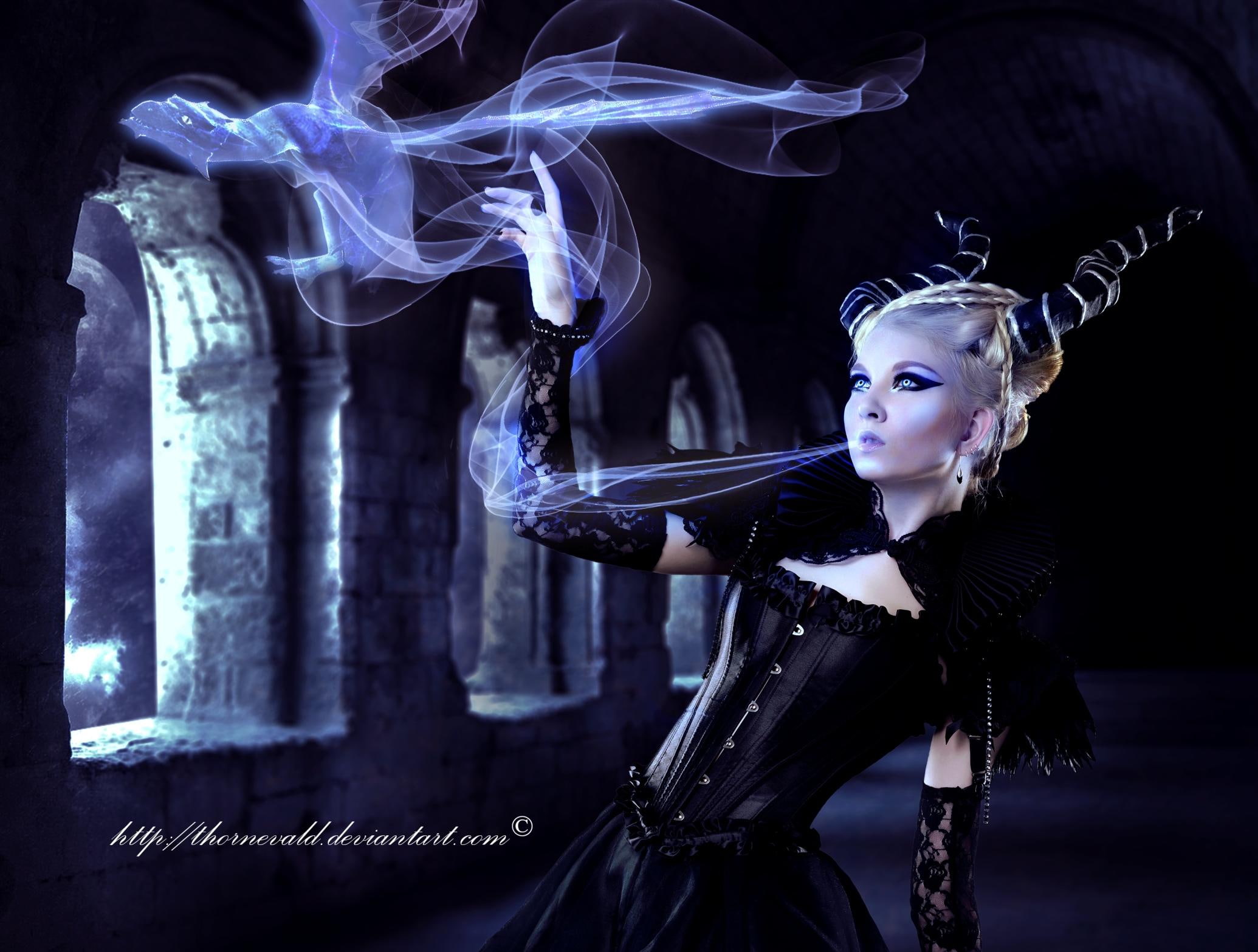 smoke, dark, black, female, game, gothic, fantasy, video, girl, 1080P, 3d and abstract, enchantress, horns, character, HD Wallpaper