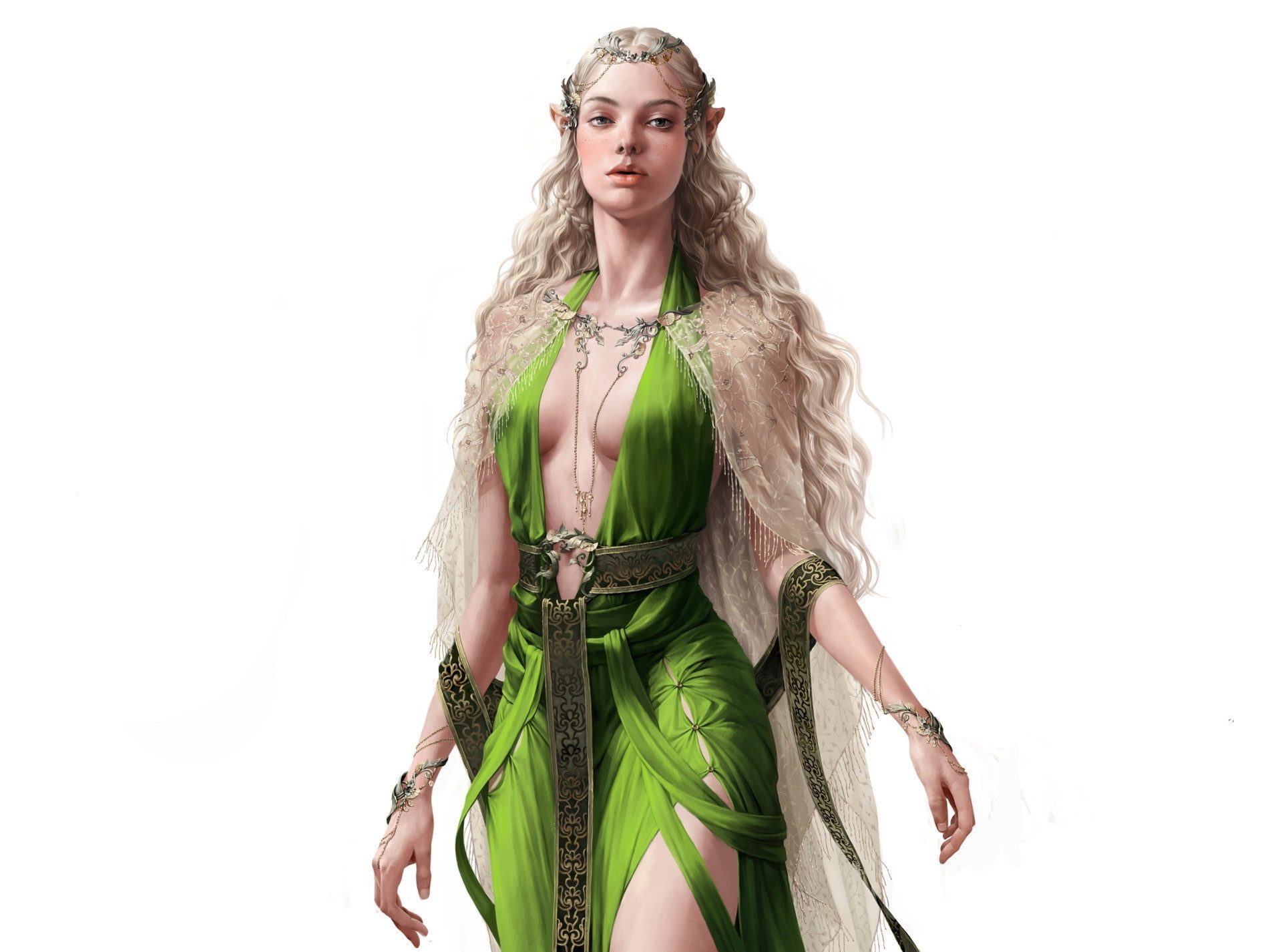 1080P, green dress, elf, decoration, fantasy, background, art, look, enchantress, HD Wallpaper