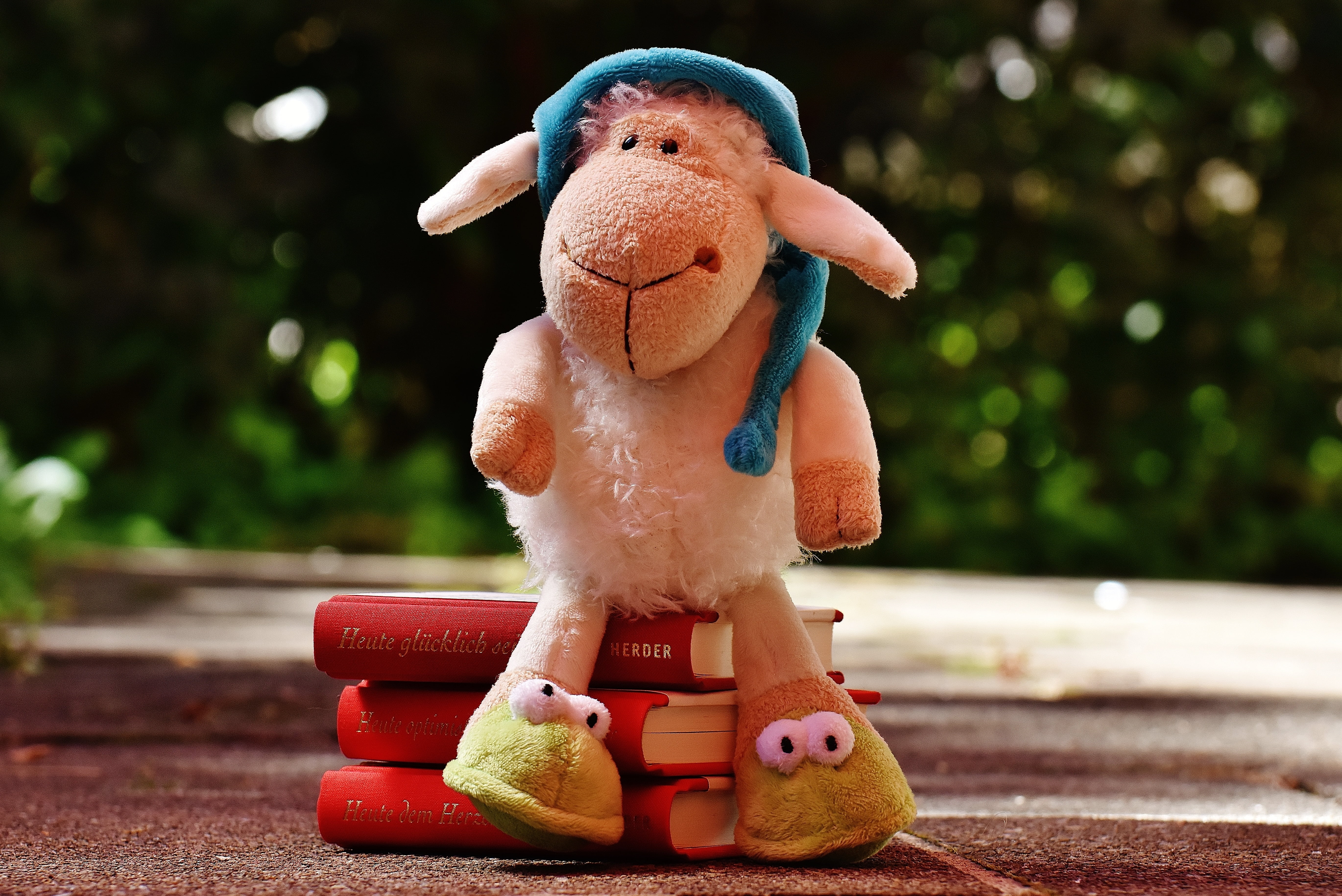 innocence, stuffed toy, sitting, sleepyhead, good night story, sunlight, sweet, sheep, toys, soft toy, day, child, representation, childhood, outdoors, HD Wallpaper