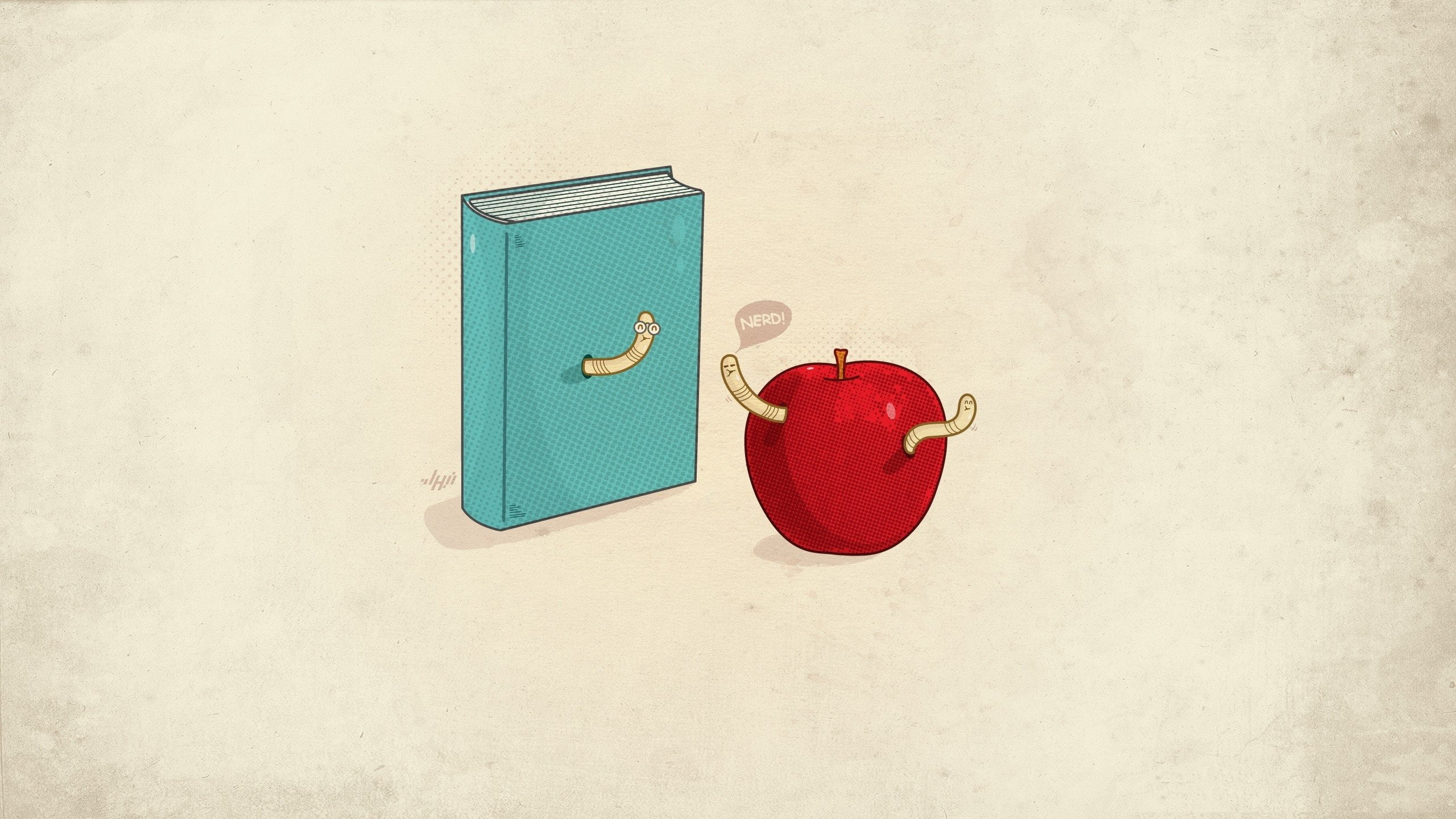 minimalistic, worms, nerd, background, books, apples, funny, simple, 2K, HD Wallpaper