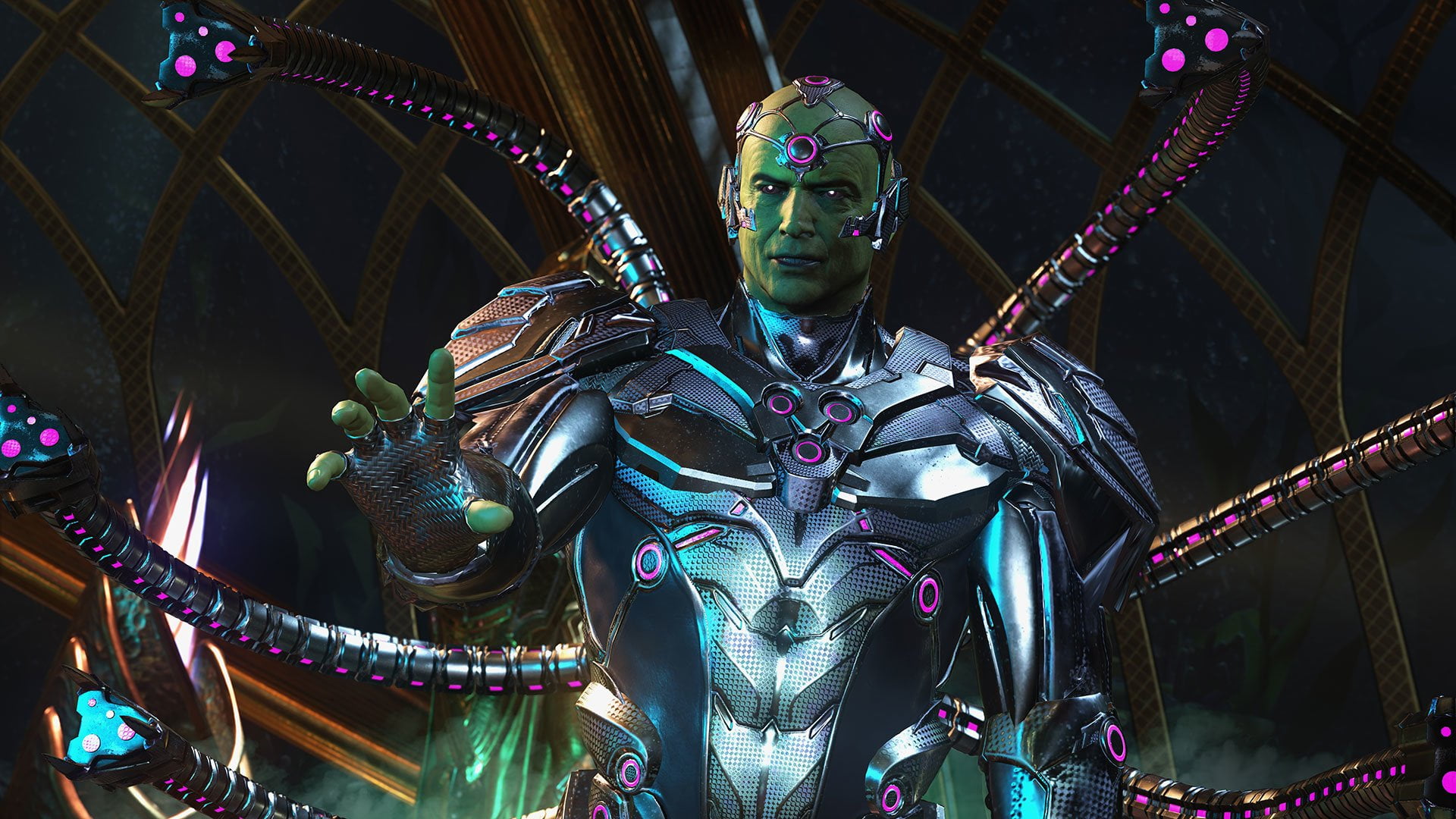 creativity, Injustice 2, no people, Injustice, male likeness, statue, architecture, belief, night, 1080P, amusement park ride, Brainiac (DC Comics), illuminated, HD Wallpaper