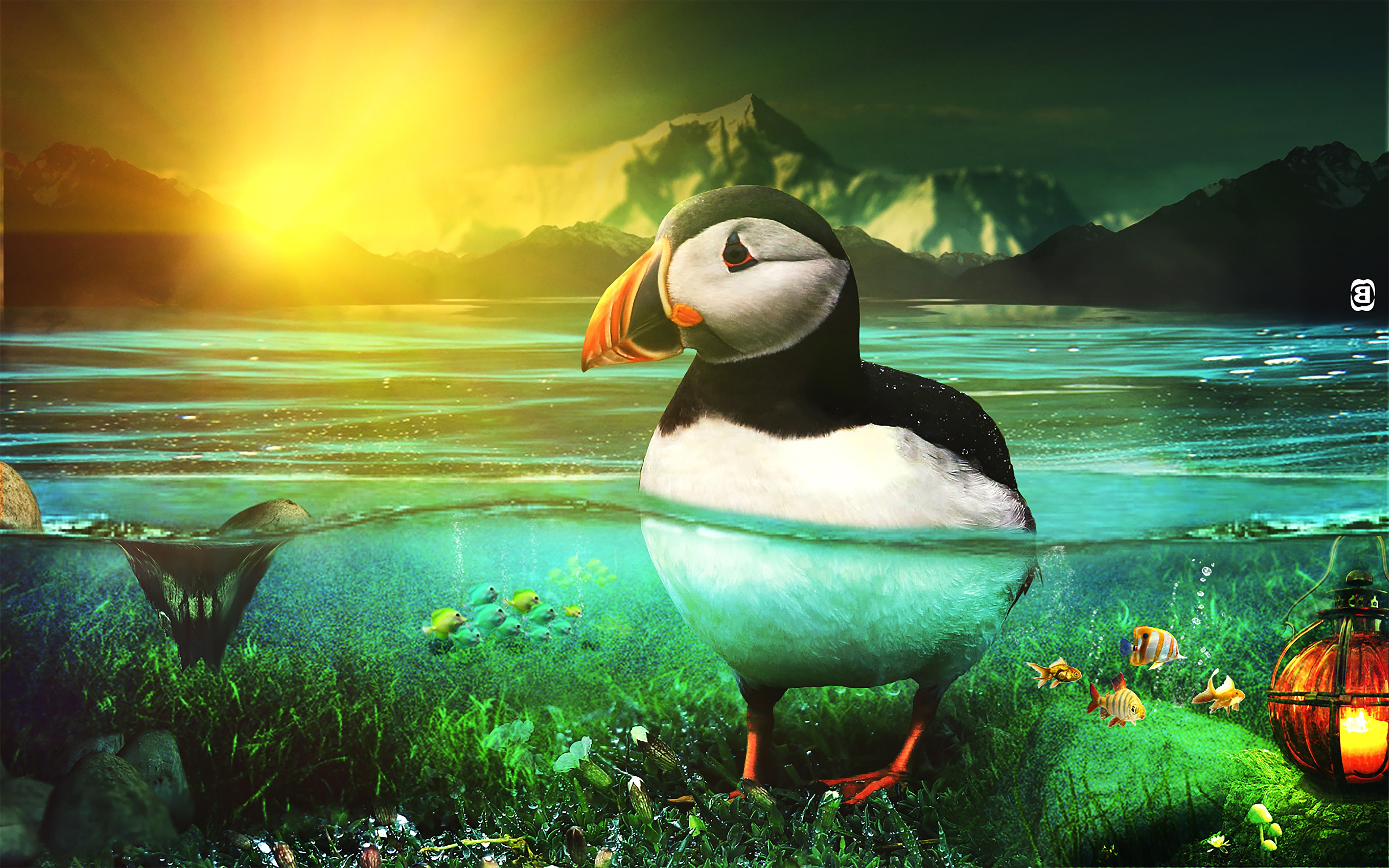 water, Rising Sun, Space Art, Cold, blue, Green, 5K, birds, love, Hugo Strange, Colorful, HD Wallpaper