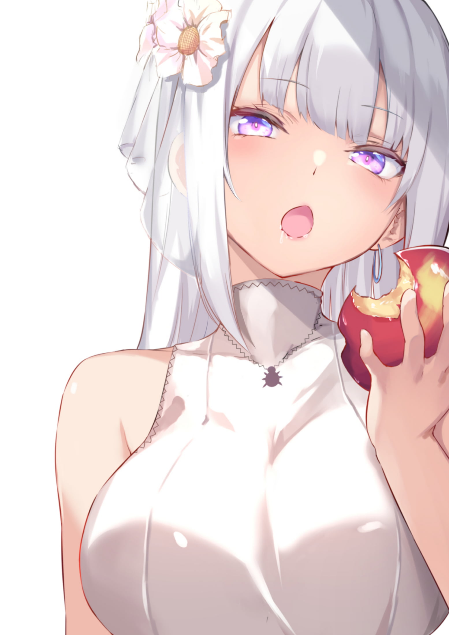 anime, blush, 1080P, open mouth, saliva, pink eyes, looking at viewer, saliva trail, white hair, Phone HD Wallpaper