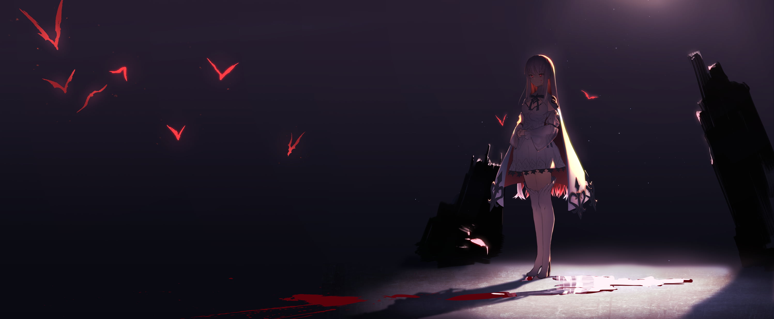 blue background, standing, blood, long hair, cape, red eyes, white hair, bats, anime girls, thighhighs, anime, shadow, 2K, high heels, original characters, HD Wallpaper