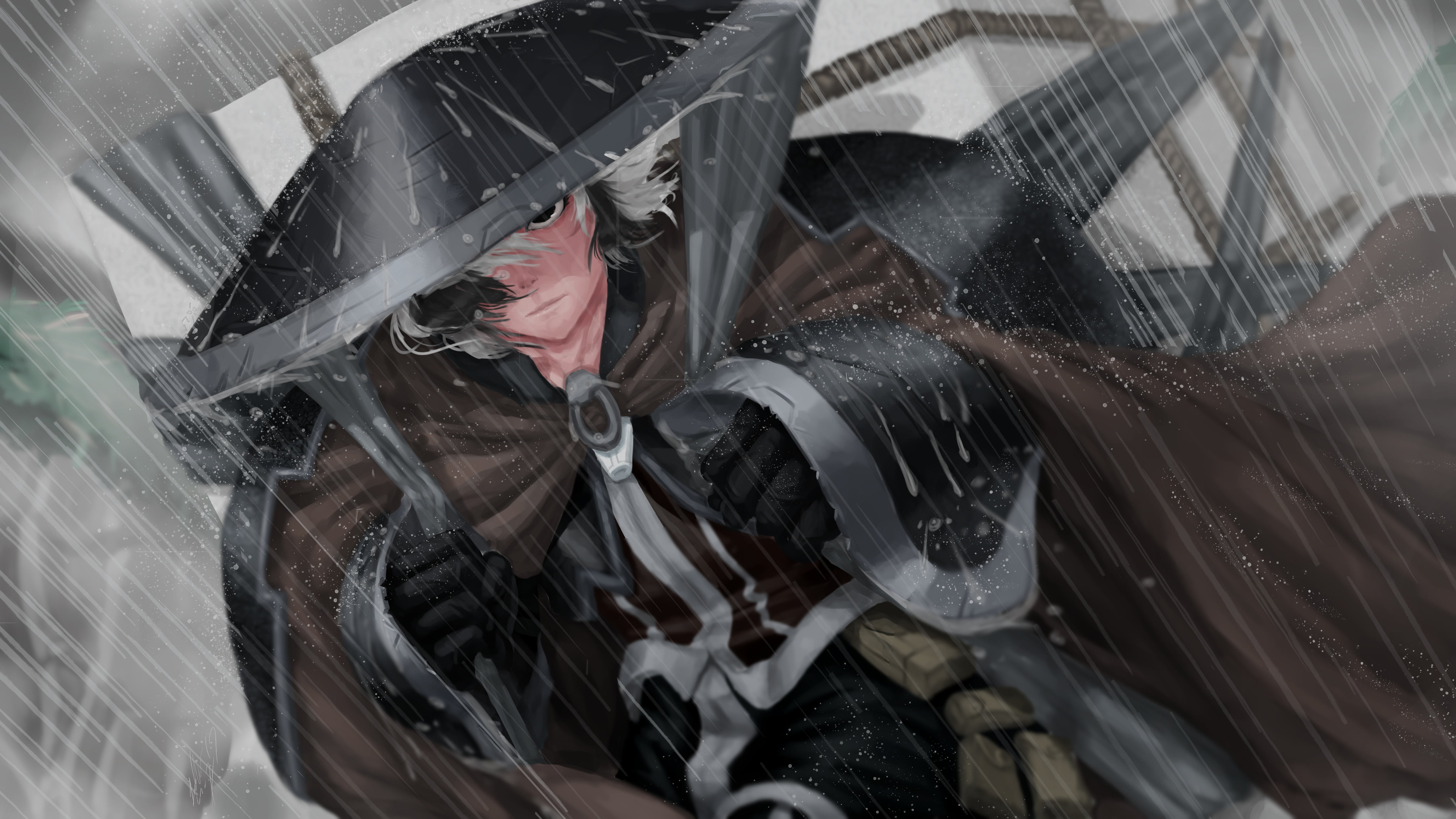 anime girl, hat, anime, manga, digital art, 4K, Samurai, cape, artwork, rain, character, HD Wallpaper
