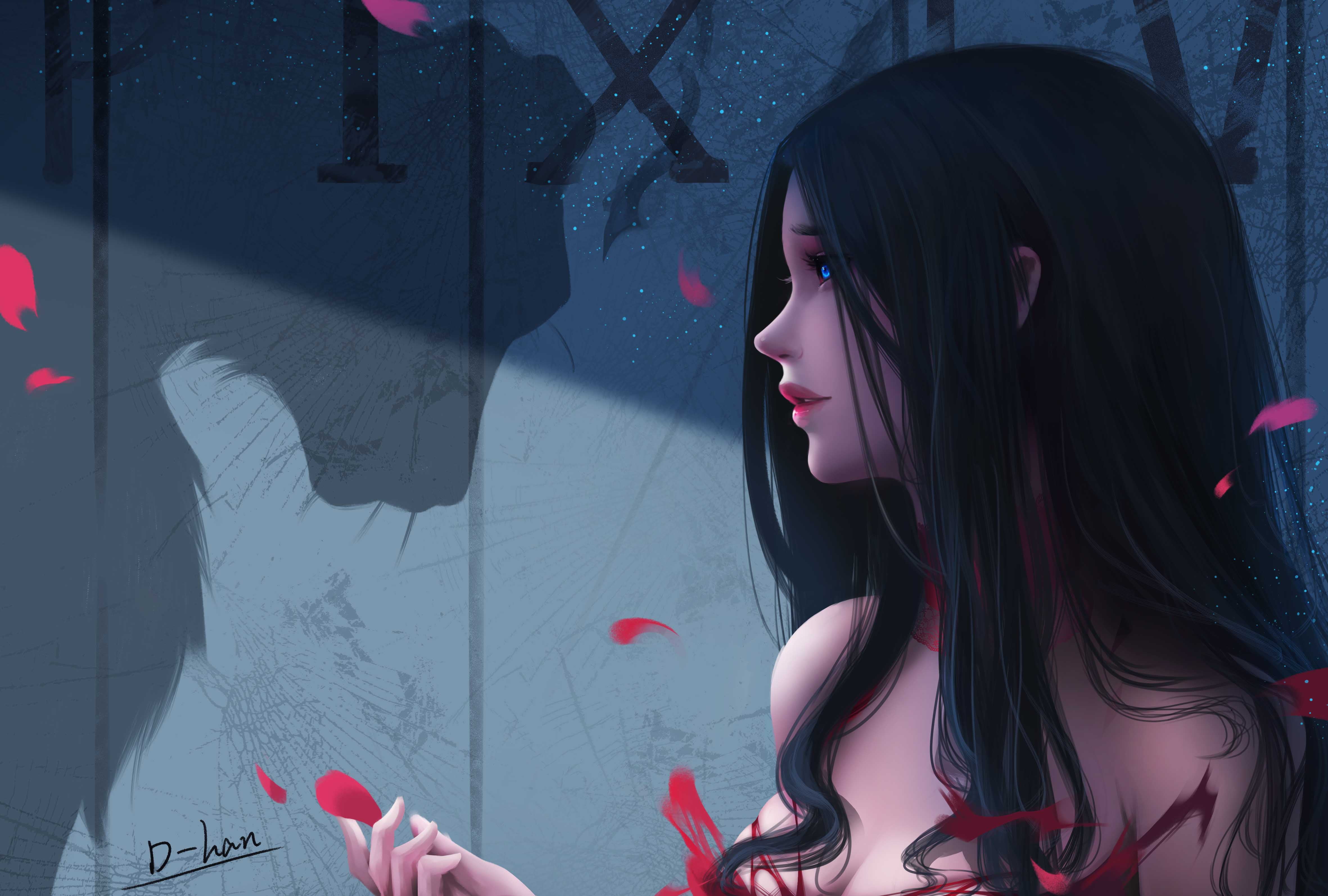 4K, shadow, girl, black hair, artist, fantasy, digital art, artwork, blue eyes, bare shoulders, fantasy art, fantasy girl, brunette, D-han, HD Wallpaper