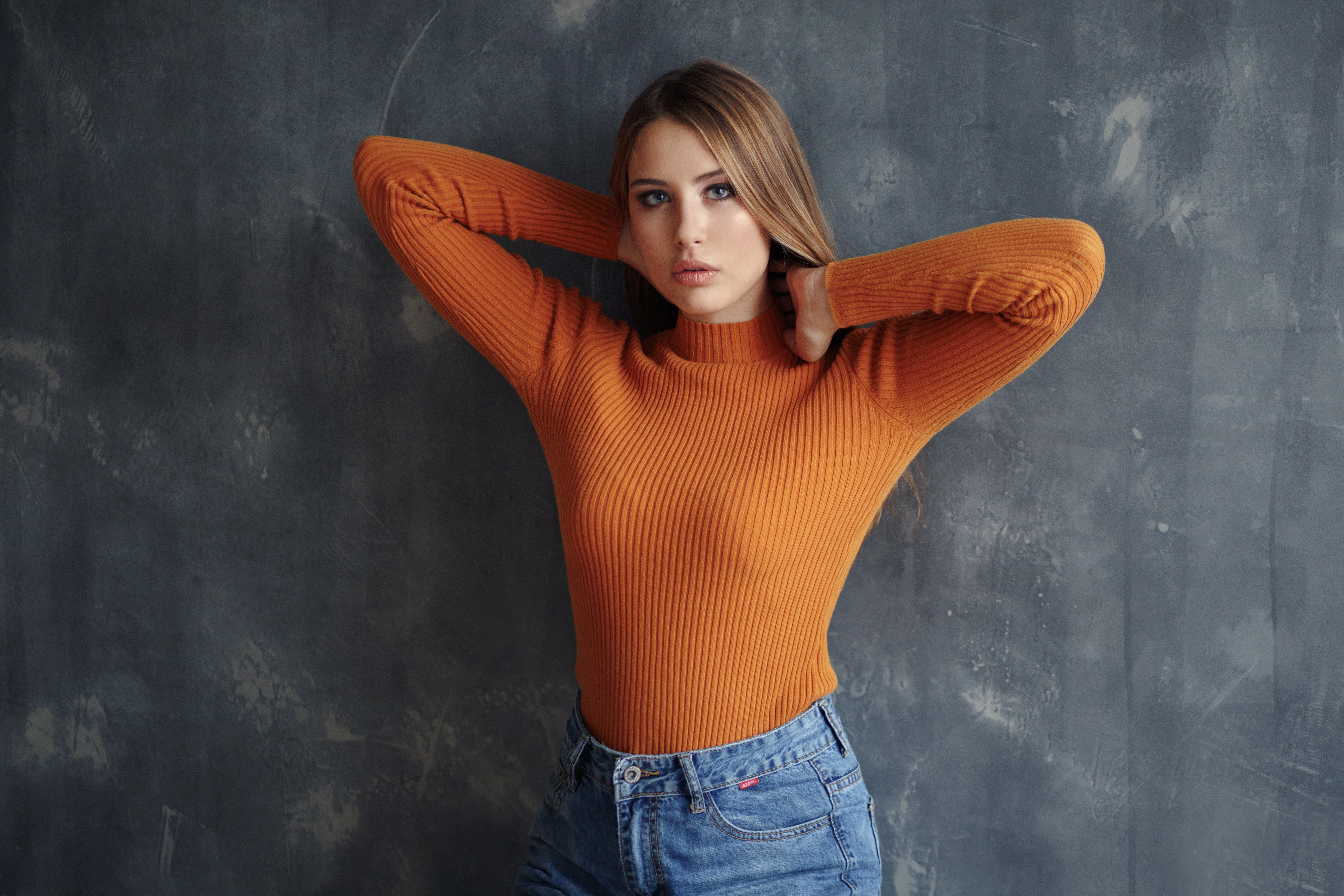 women, orange, human hair, fashion, sponge, looking at camera, Anna, young women, beauty, one person, Evgeny Bulatov, gray, casual clothing, s, beautiful people, HD Wallpaper
