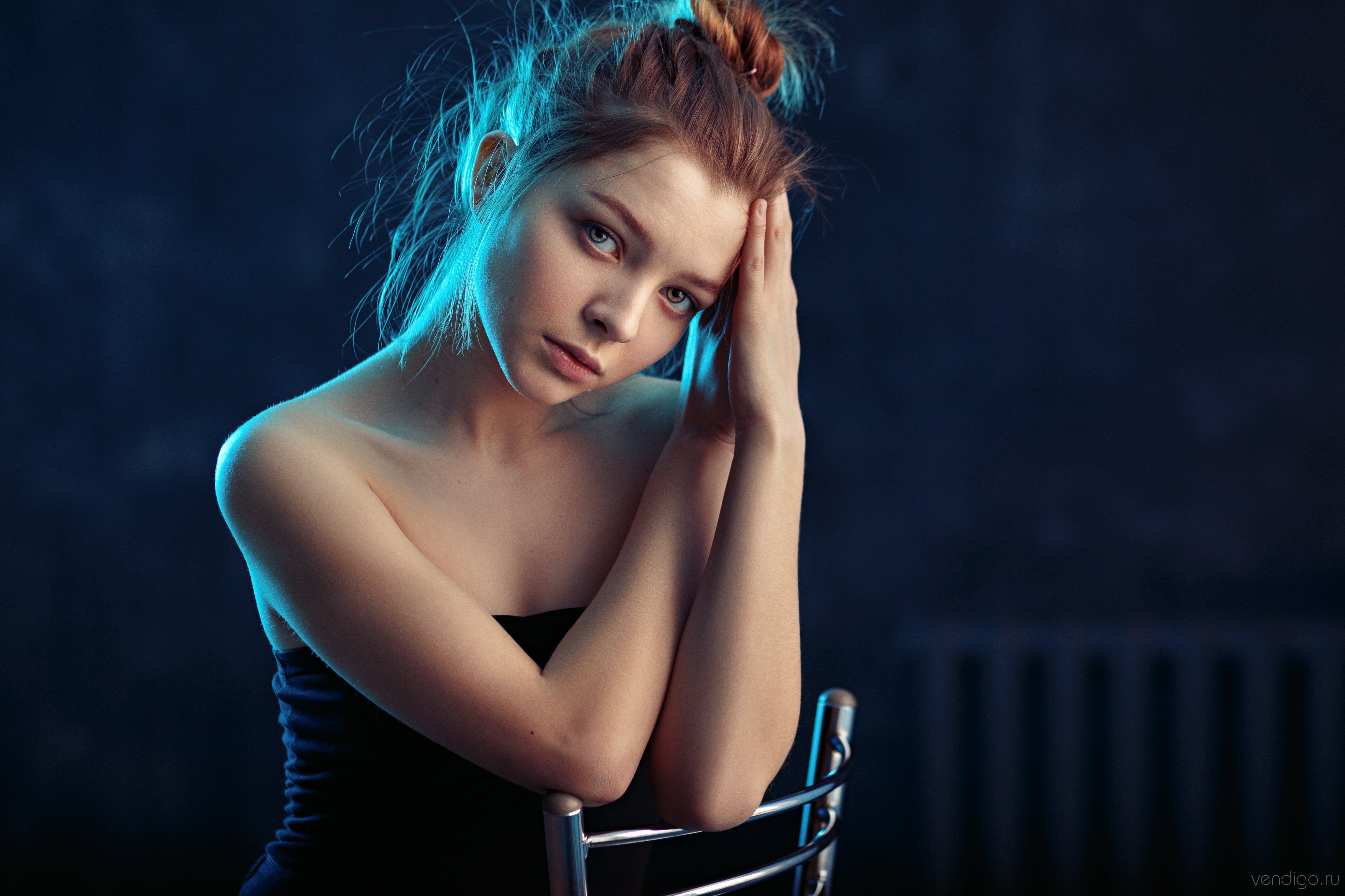 sitting, indoors, Evgeniy Bulatov, model, looking at viewer, brunette, bare shoulders, black tops, 5K, women indoors, portrait, hairbun, women, HD Wallpaper