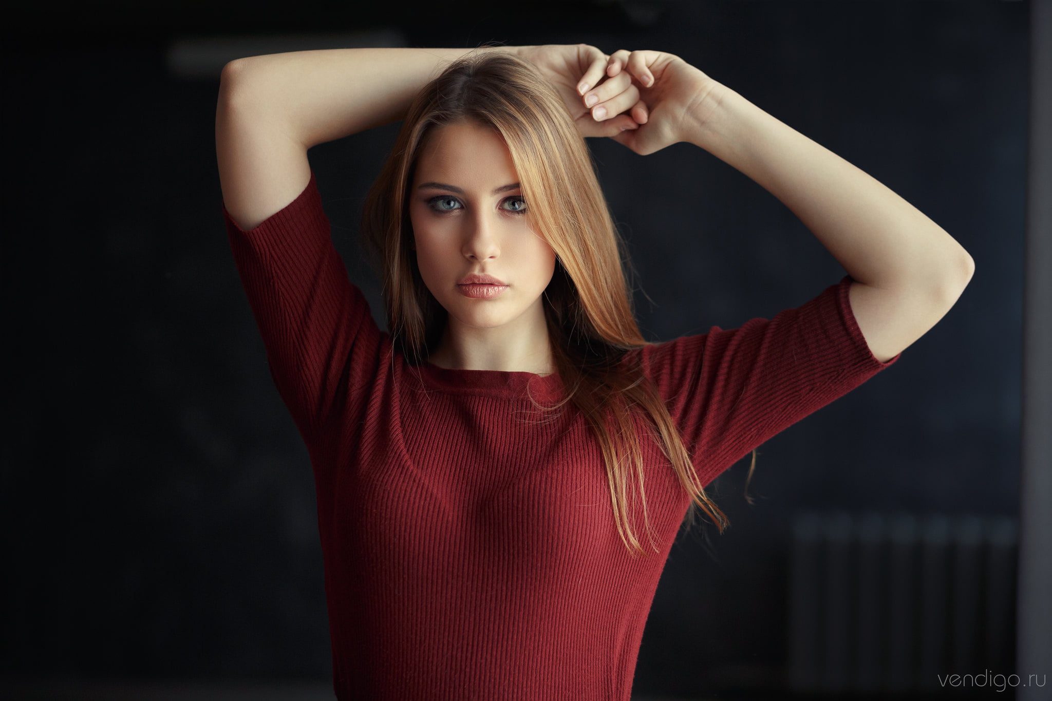 red lipstick, red shirt, blue eyes, brunette, women, arms up, 1080P, Evgeniy Bulatov, portrait, model, HD Wallpaper