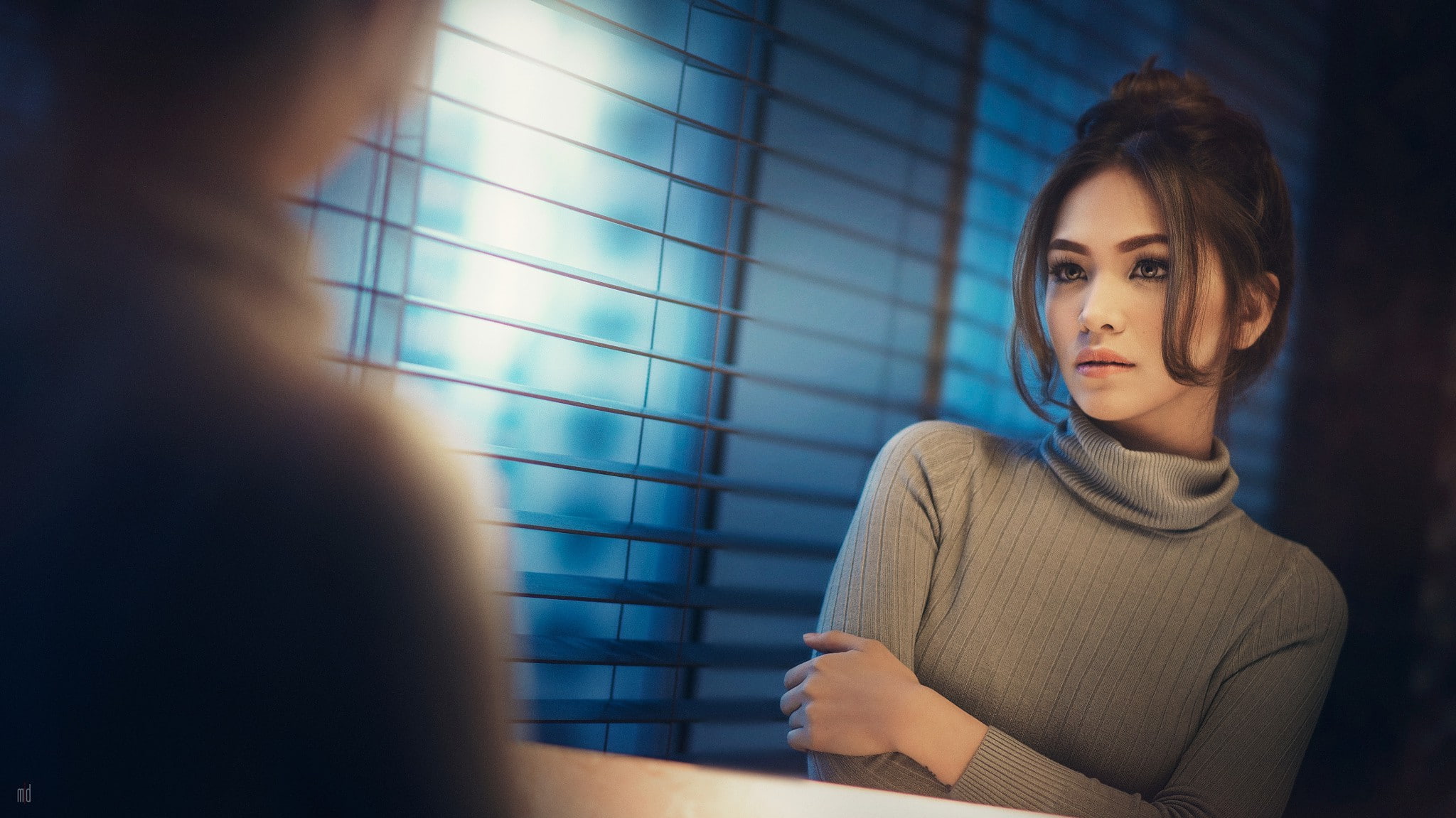 Leanne Lerio, Sweater, reflection, Mirror, Bry Manaloto, 1080P, brunette, Arms Crossed, face, women, portrait, HD Wallpaper