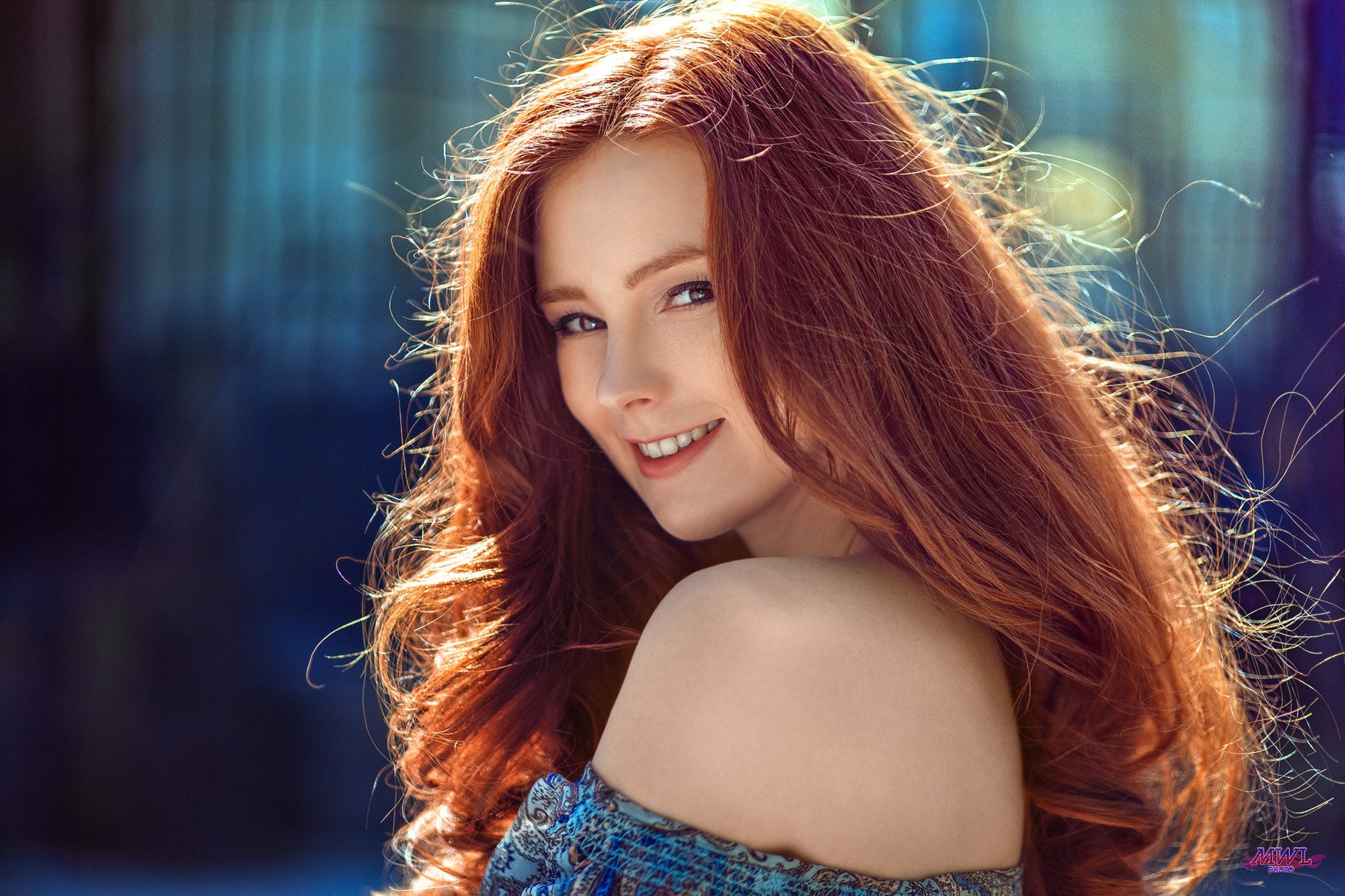 long hair, redhead, 1080P, MWL Photo, women, smiling, model, women outdoors, bare shoulders, HD Wallpaper