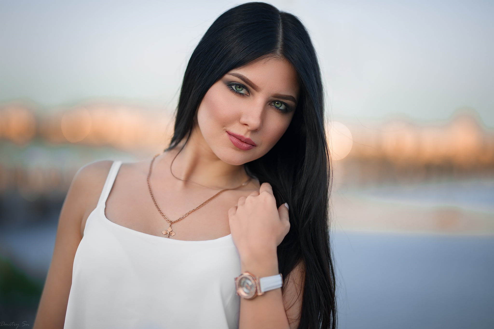 Dmitry Shulgin, hairstyle, lifestyles, portrait, beauty, headshot, standing, focus on foreground, outdoors, long hair, looking at camera, water, hair, 1080P, HD Wallpaper