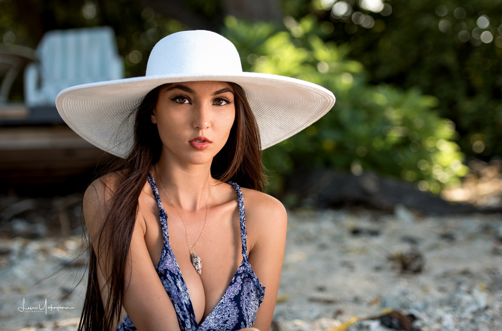 cleavage, women, 720P, Kristina Chai, brunette, long hair, model, necklace, hat, HD Wallpaper