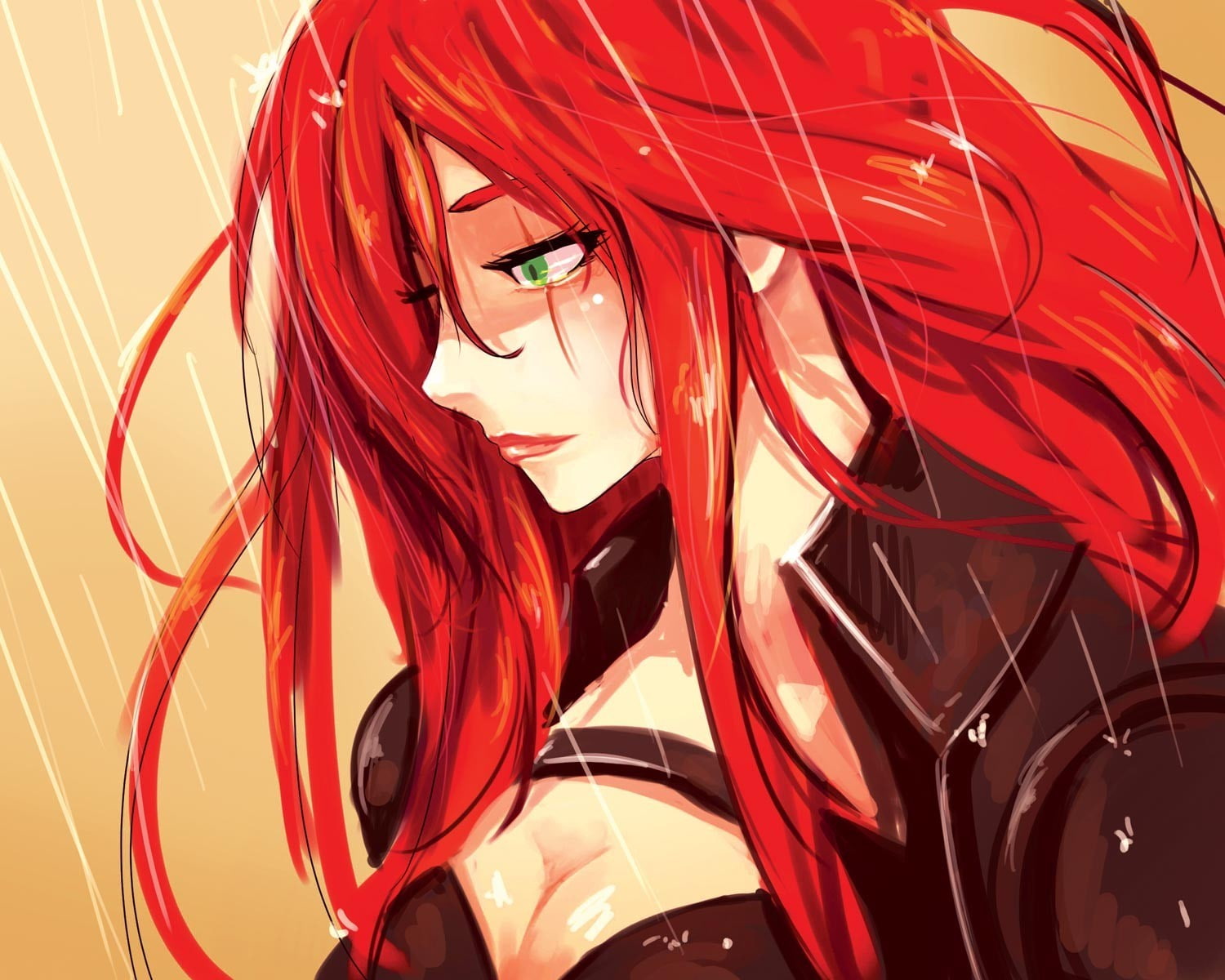 anime girls, green eyes, 720P, Katarina, redhead, artwork, face, long hair, League of Legends, scars, fantasy girl, video games, rain, HD Wallpaper