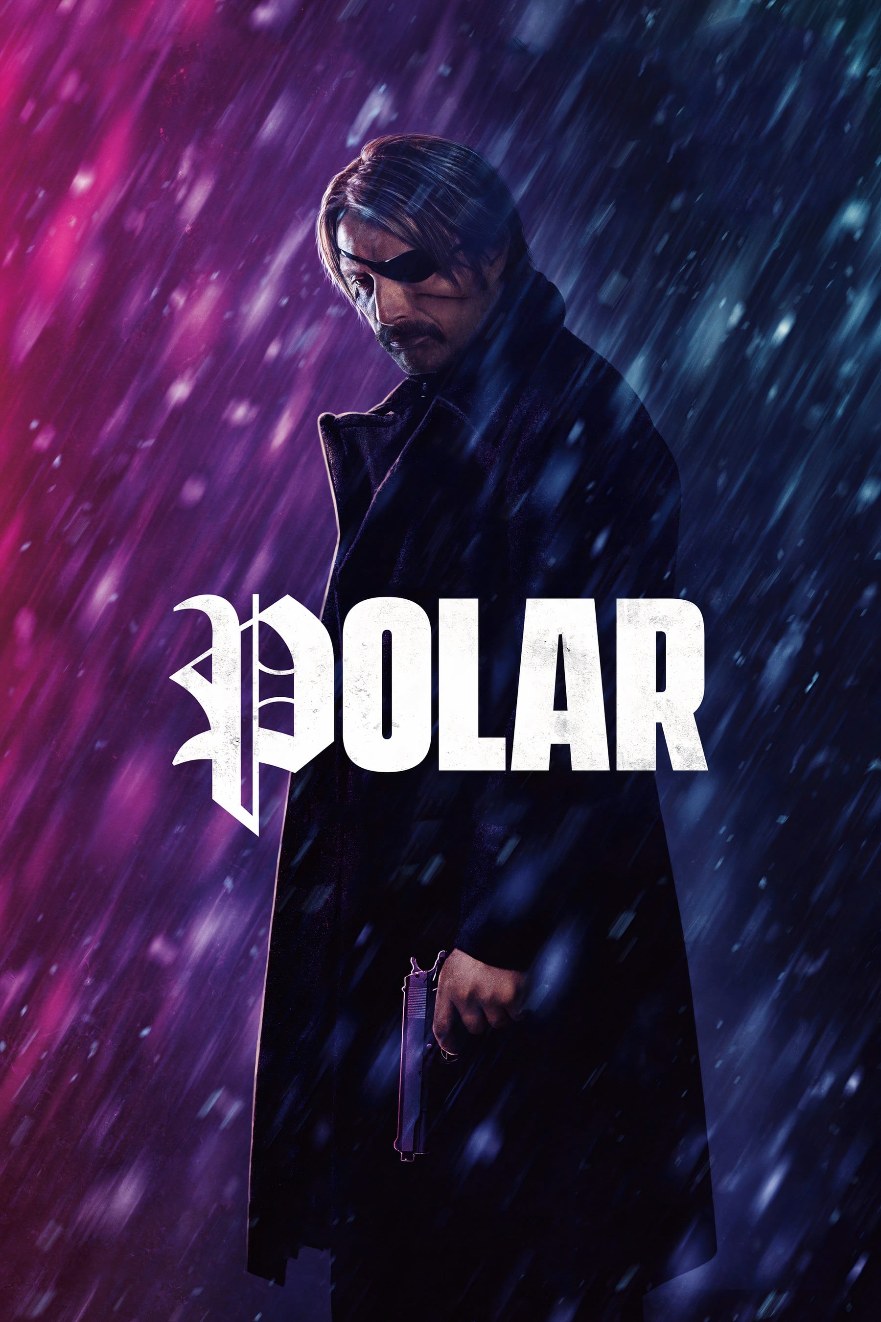 eye patch, Mads Mikkelsen, coats, Polar (Movie), scars, gun, movie poster, movies, snowing, moustache, men, 2K, Phone HD Wallpaper