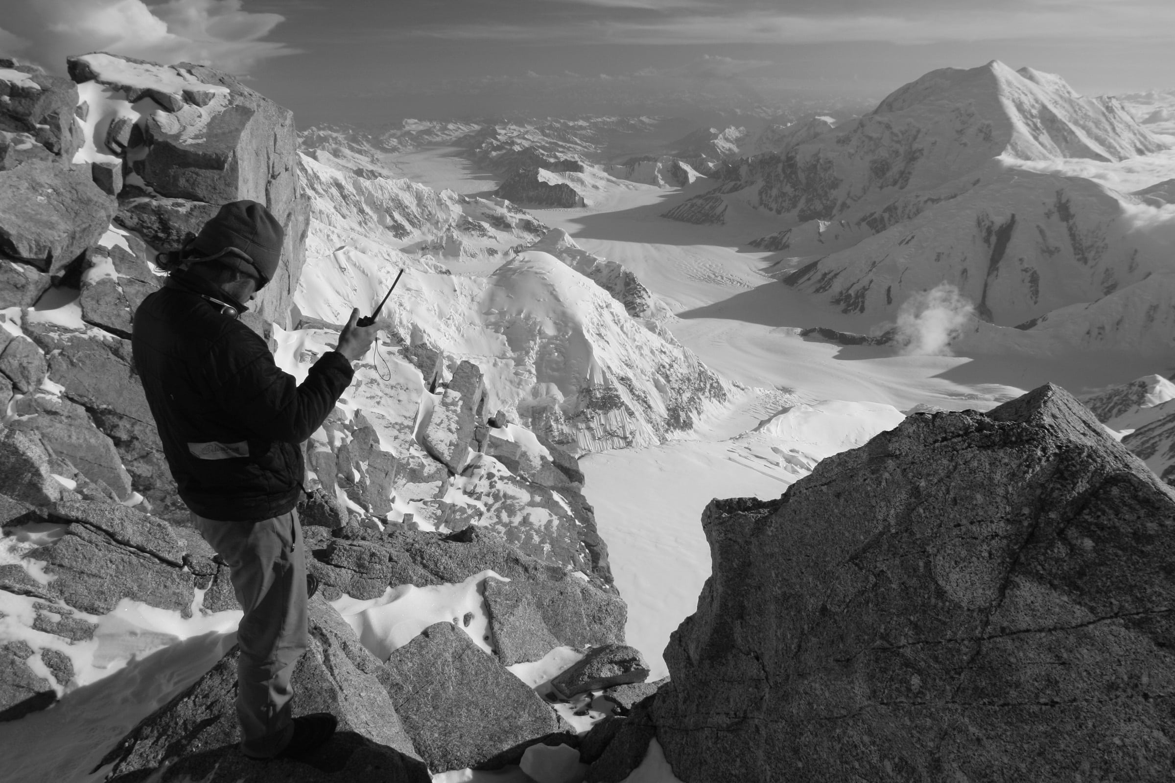 leisure activity, landscape, scenics - nature, rock, man, mountaineering, cold temperature, outdoors, rock - object, black and white, high camp, mountain, HD Wallpaper