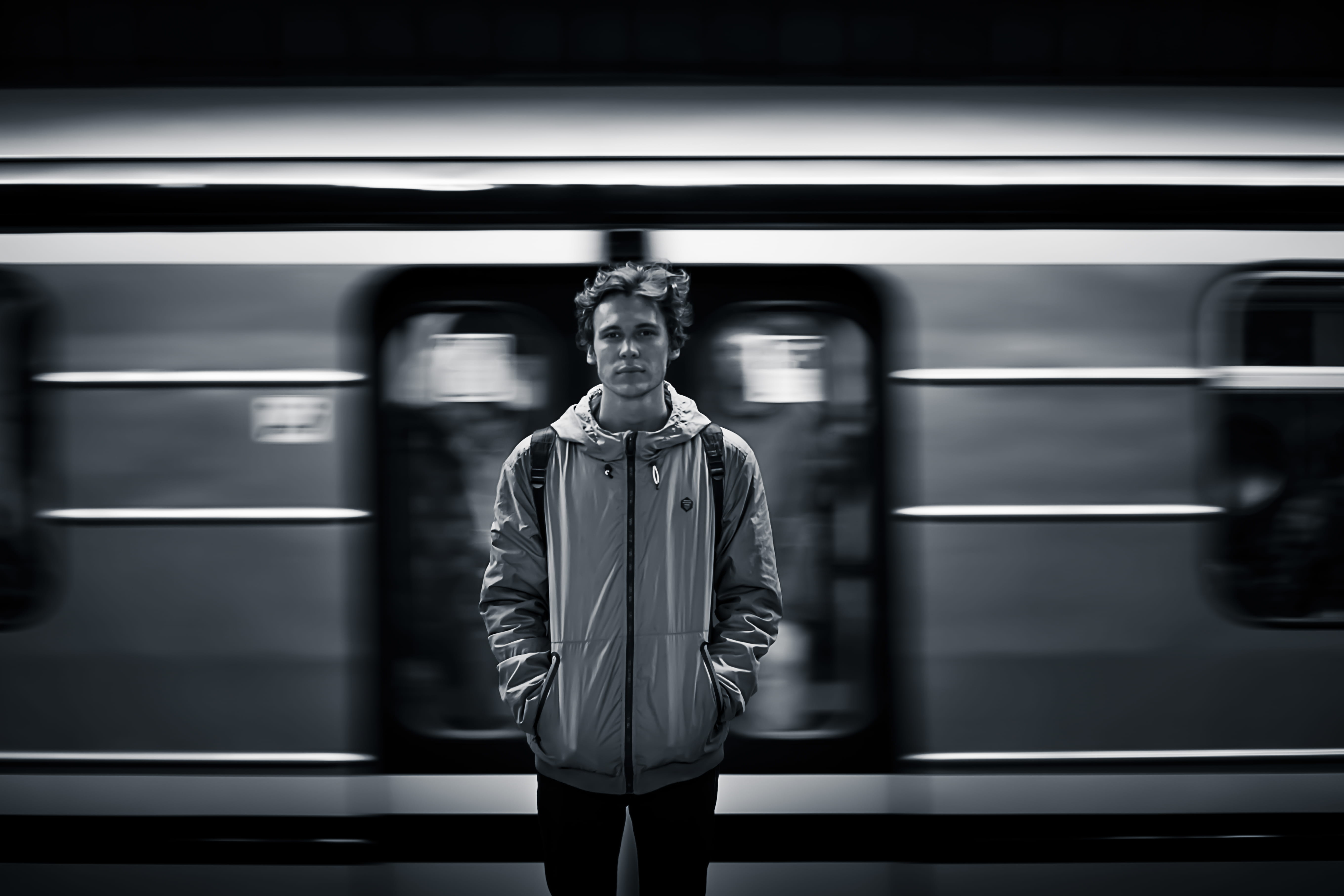 windbreaker, person, 5K, travel, photography, railroad station, mode of transportation, subway, portrait, fashion, underground, one person, metro, blurred motion, HD Wallpaper
