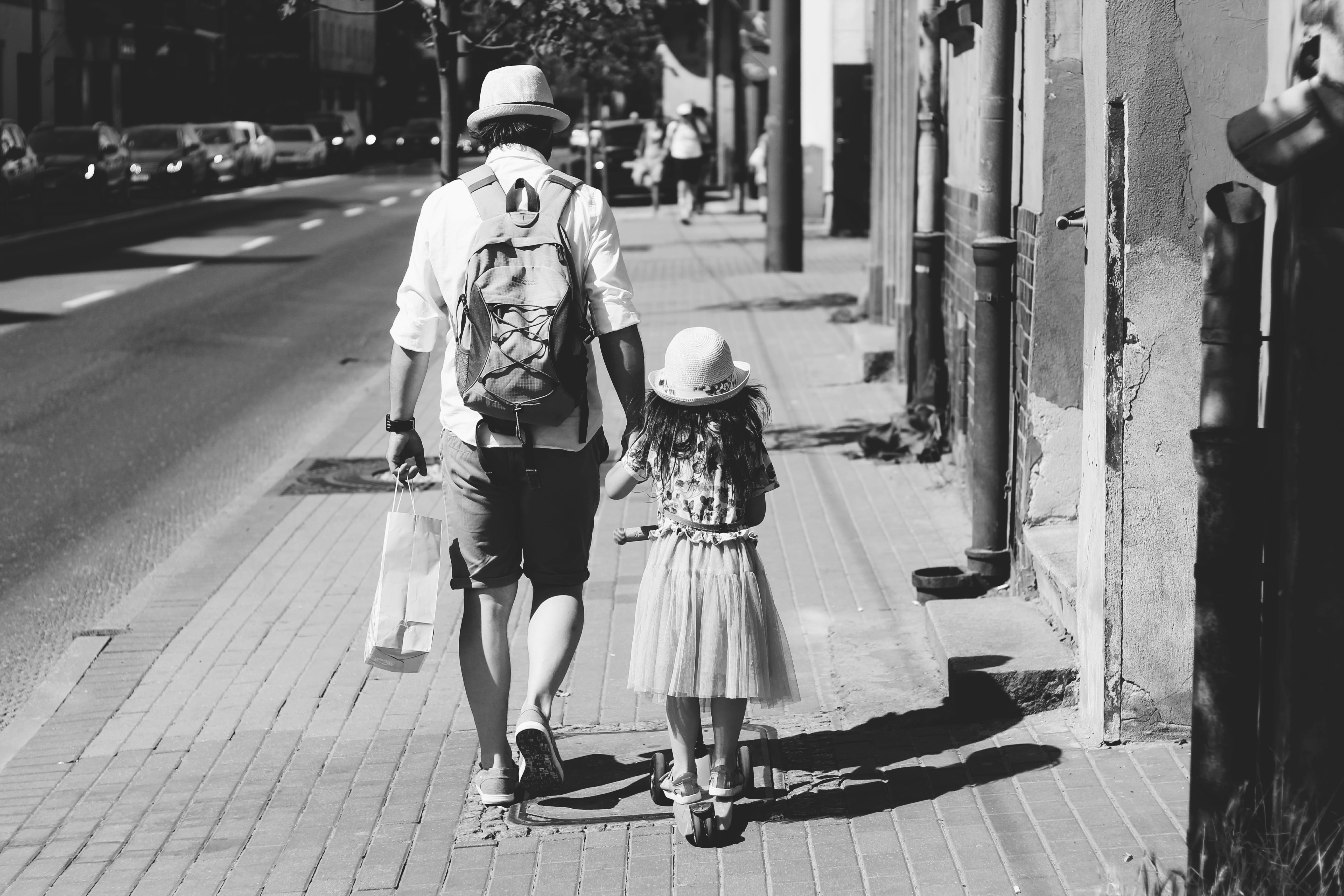 daylight, real people, father and daughter, daughter, day, outdoors, father, backpack, two people, pavement, women, incidental people, monochrome, father and child, HD Wallpaper