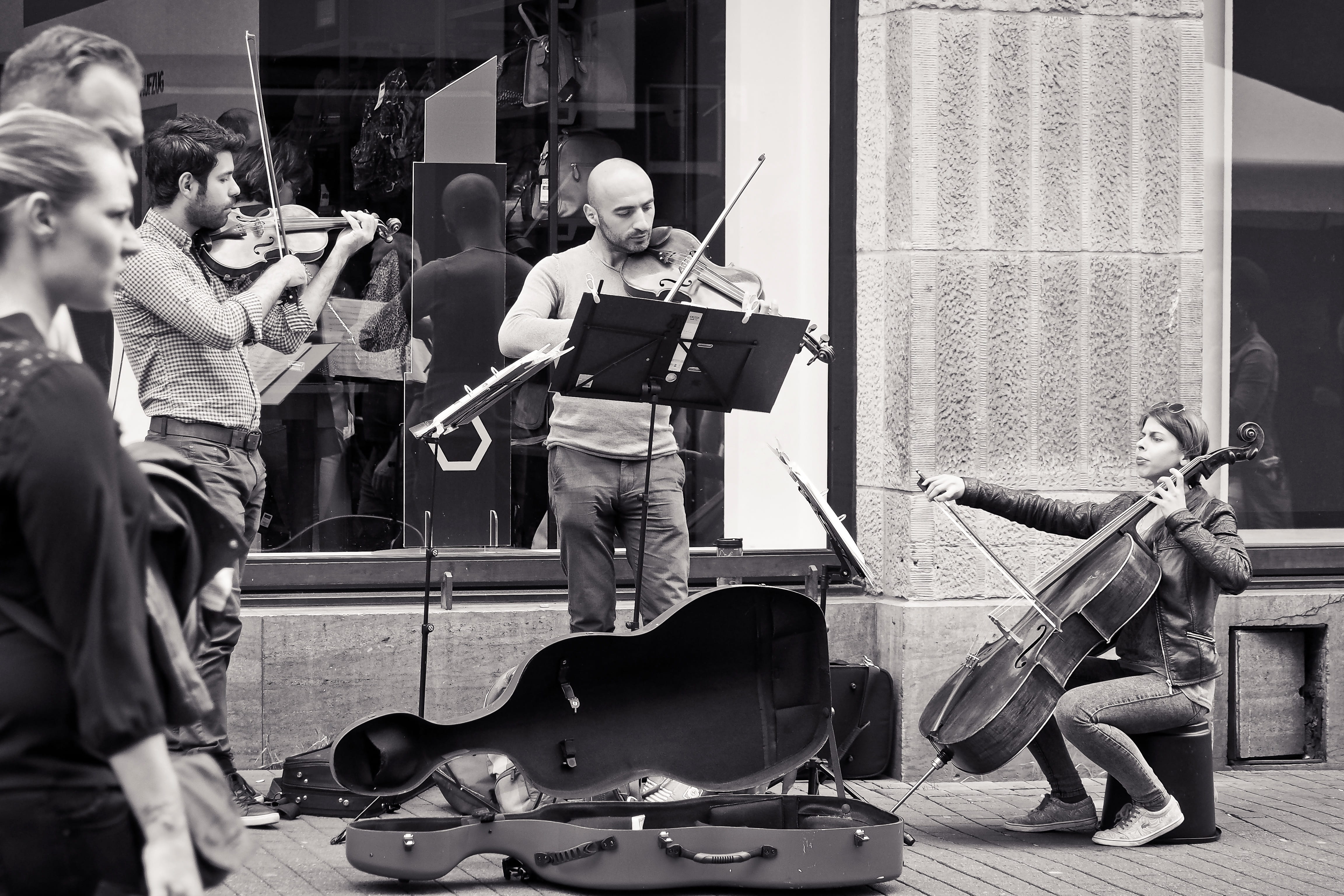 people, black white, old town, playing, day, 4K, arts culture and entertainment, street musicians, musical instrument, black and white, group of people, HD Wallpaper
