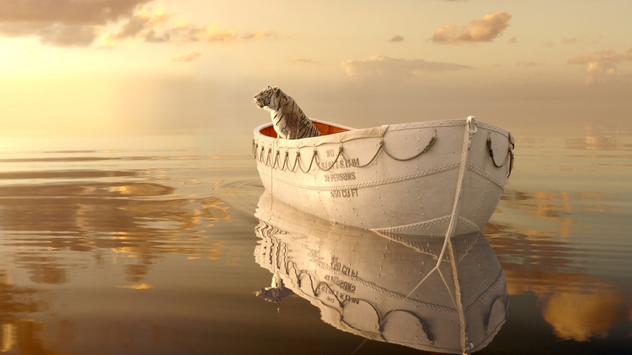 landscape, Bengal tiger, adventure, the sky, 1080P, boat, horizon, eyes, look, the ocean, wave, light, drama, movie, Life Of PI, ruffle, the film, sea, HD Wallpaper