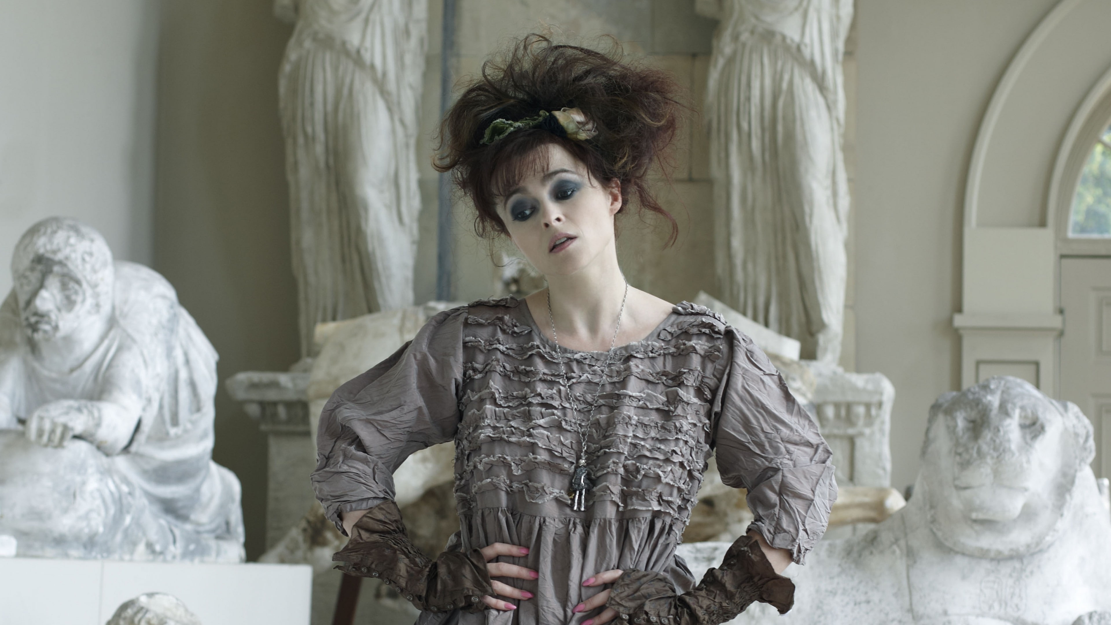 4K, female, dress, gray, ruffled, Most Popular Celebs in 2015, Helena Bonham Carter, actress, wearing, HD Wallpaper