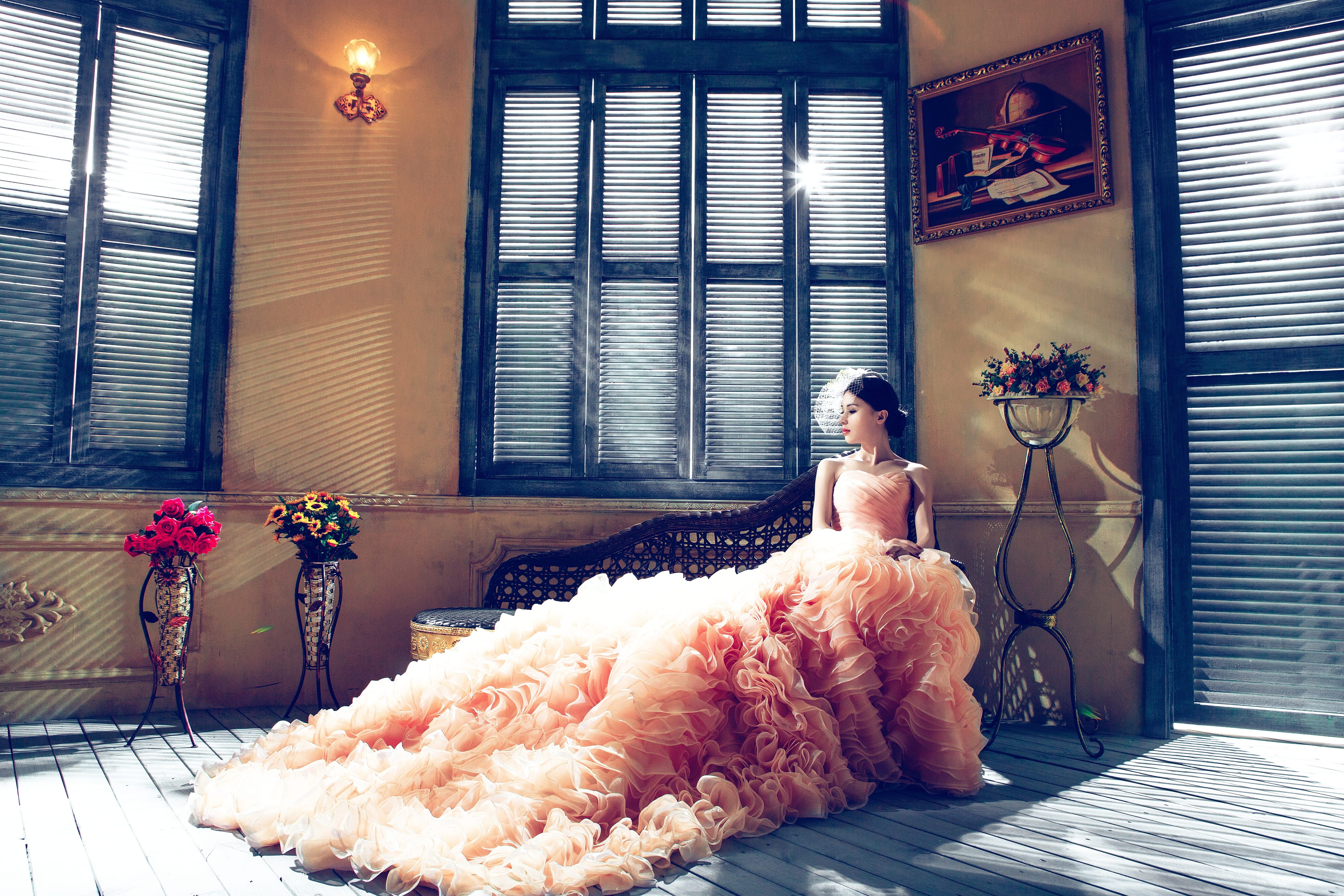 plant, women, contemplation, full length, castle, wedding dresses, waiting, flower arrangement, domestic, pink, furniture, domestic animals, flower, ruffled, HD Wallpaper
