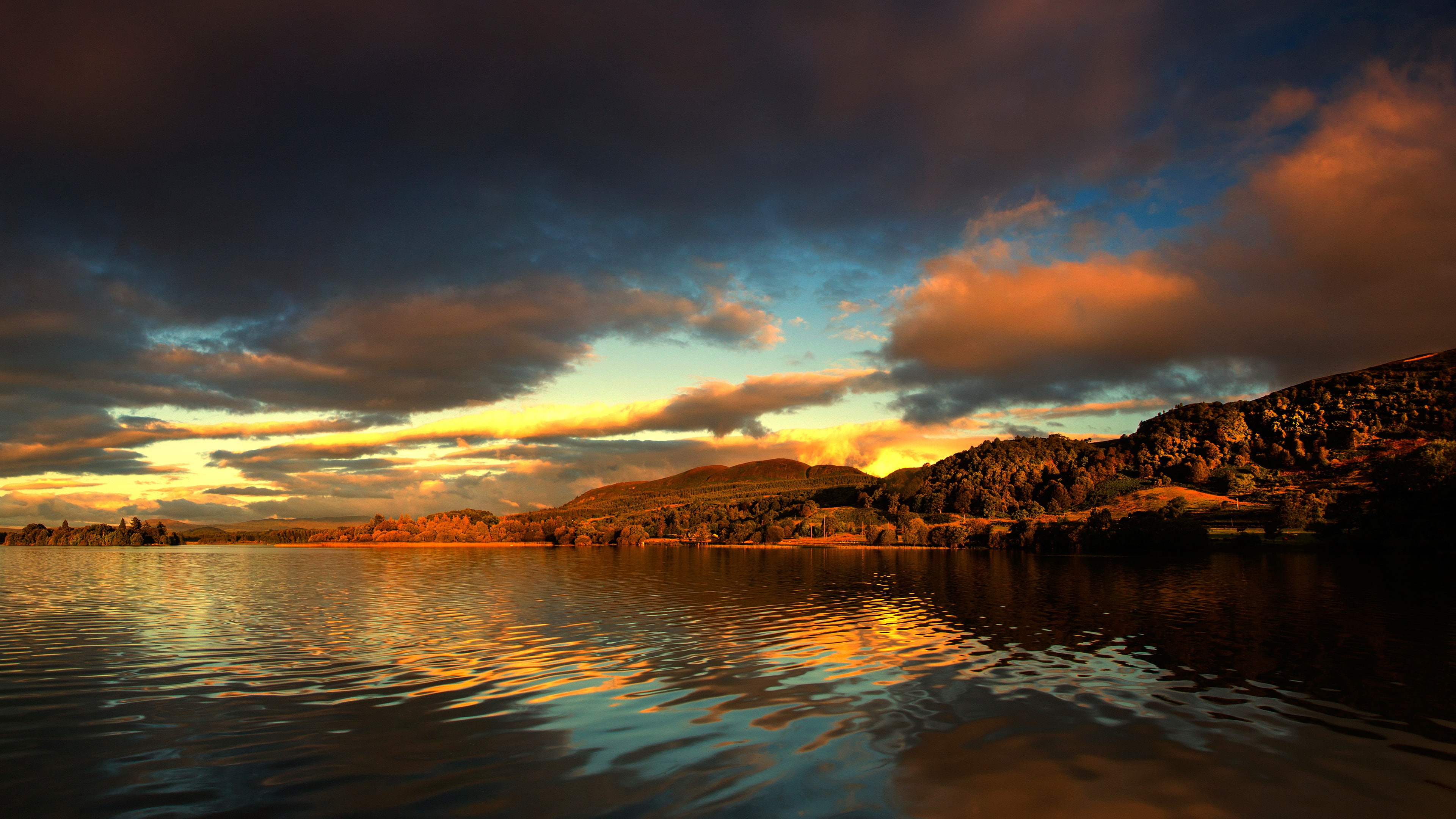 shore, mountains, dal, lake, ruffle, the evening, beauty, pond, clouds, river, hills, lighting, 4K, sunset, the sky, forest, landscape, HD Wallpaper