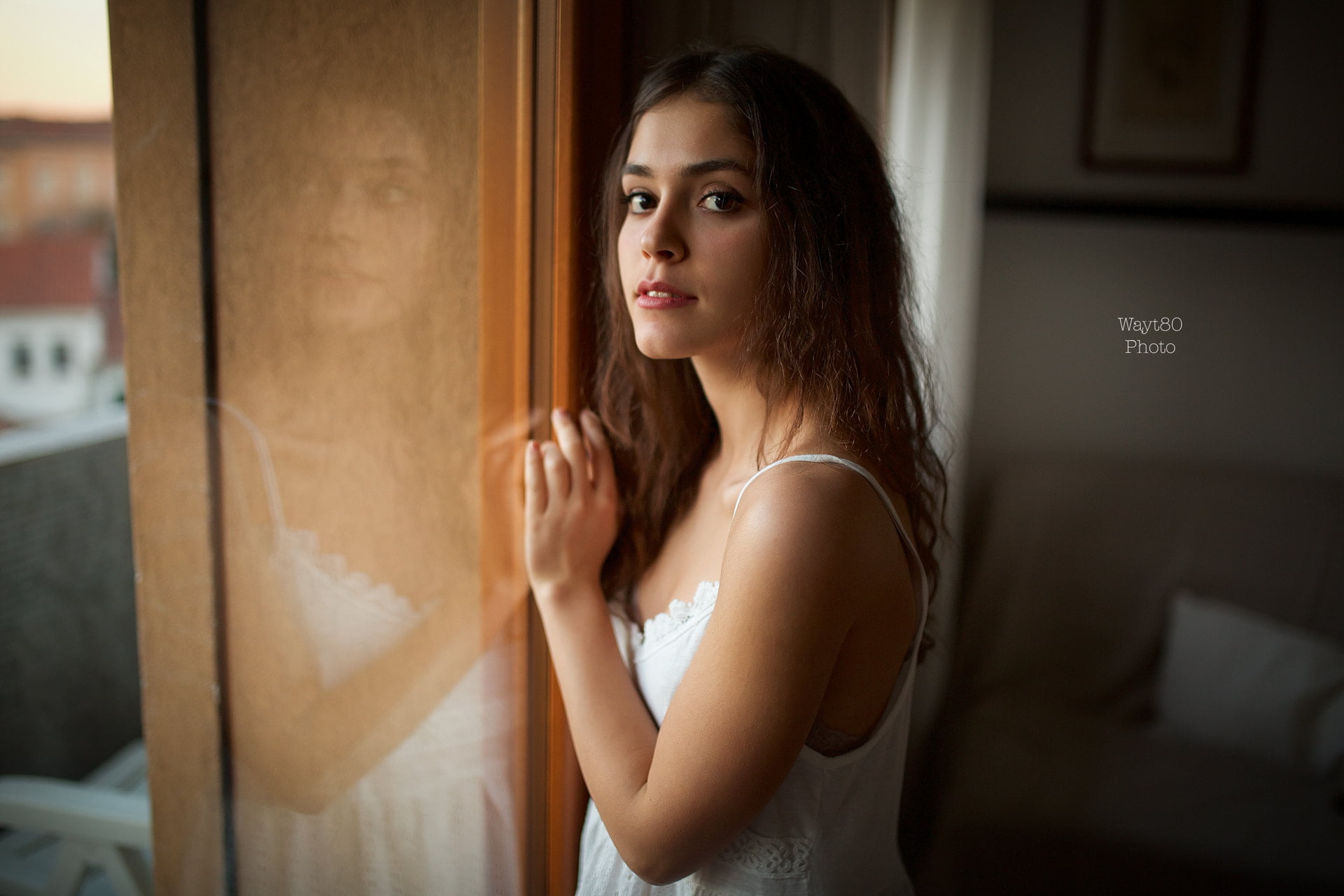 young women, looking, indoors, face, one person, hairstyle, hair, waiting, beautiful woman, contemplation, home interior, glass, brown eyes, beauty, long hair, HD Wallpaper