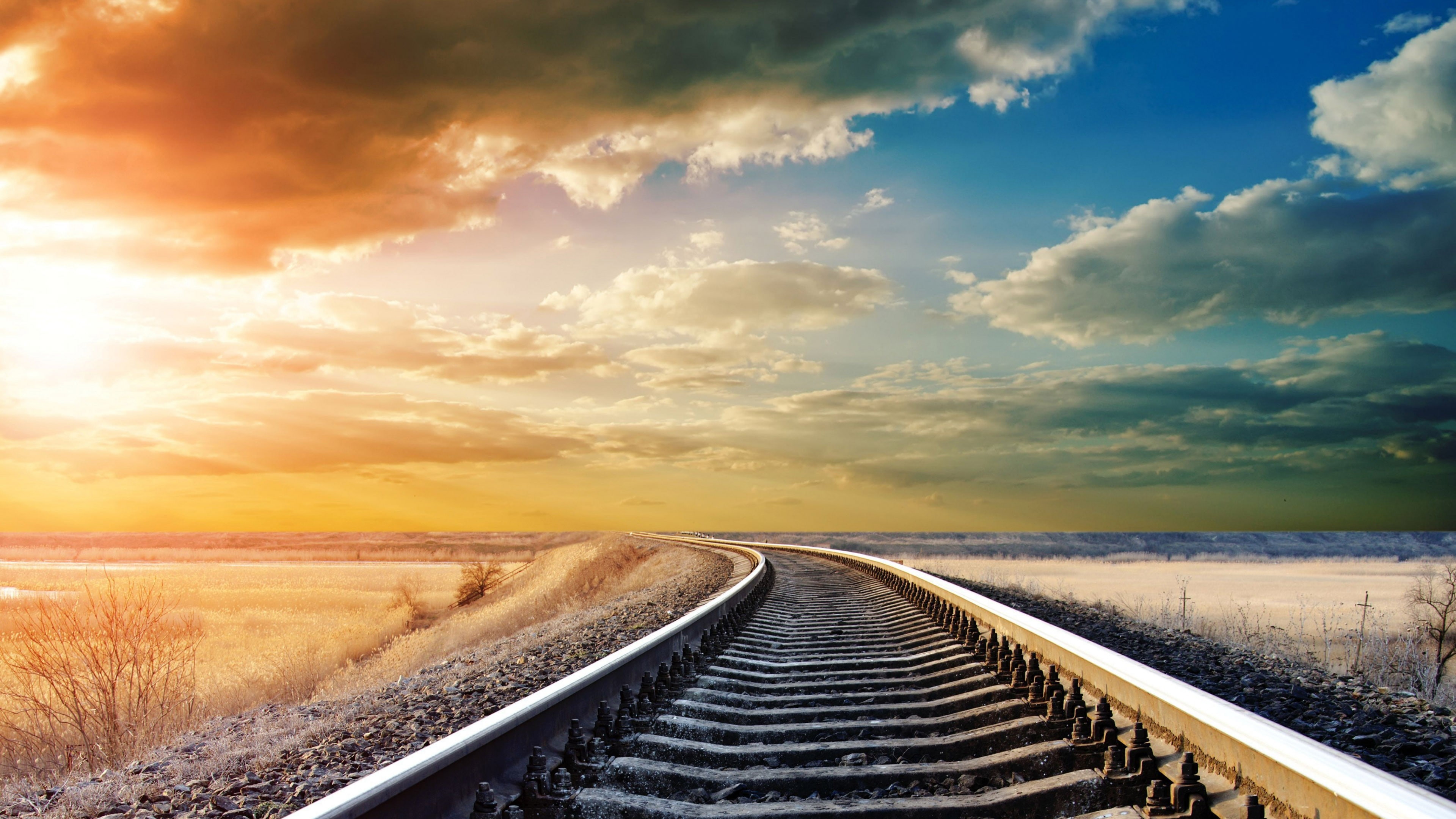 Railway, winter, road, clouds, 4k, dream, day, sun, sky, HD Wallpaper