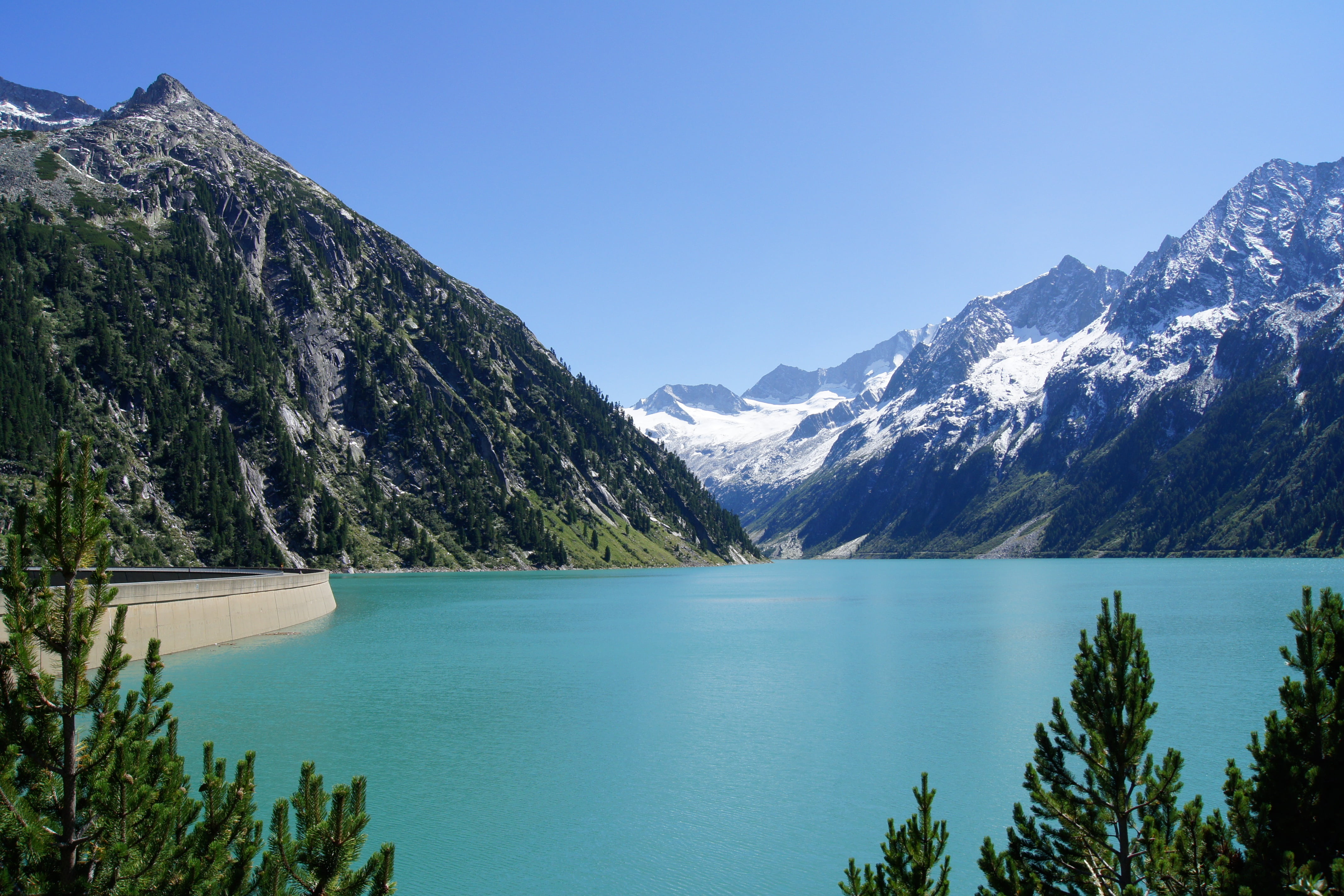 blue, beauty in nature, tranquil scene, austria, energy generation, non-urban scene, day, reservoir, clear sky, outdoors, schlegeis, tyrol, mountain, mountain peak, HD Wallpaper