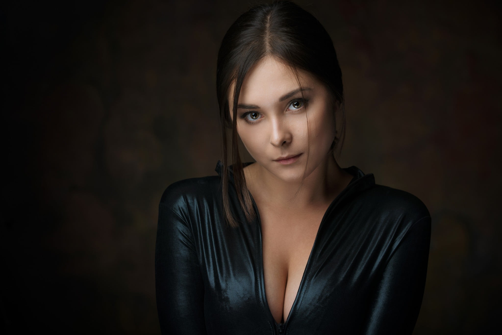 contemplation, young adult, hair, headshot, portrait, green eyes, black background, hairstyle, confidence, black clothing, cleavage, model, studio shot, HD Wallpaper