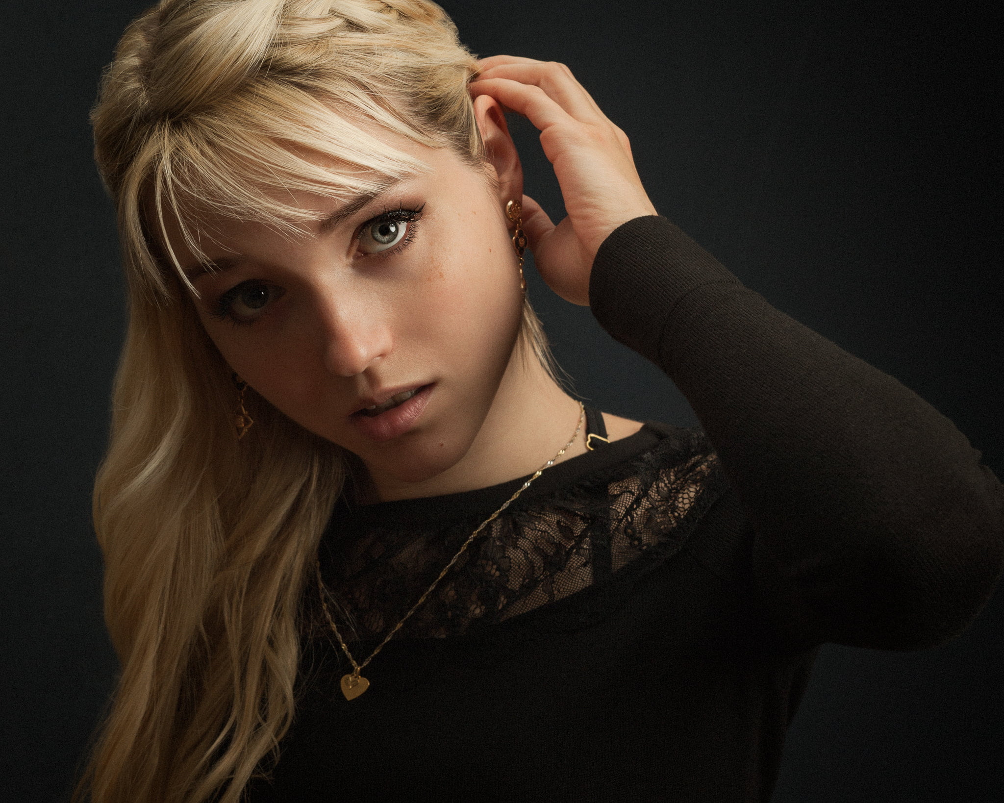 blond hair, women, front view, casual clothing, studio shot, black background, portrait, depression - sadness, young women, necklace, adult, young adult, HD Wallpaper