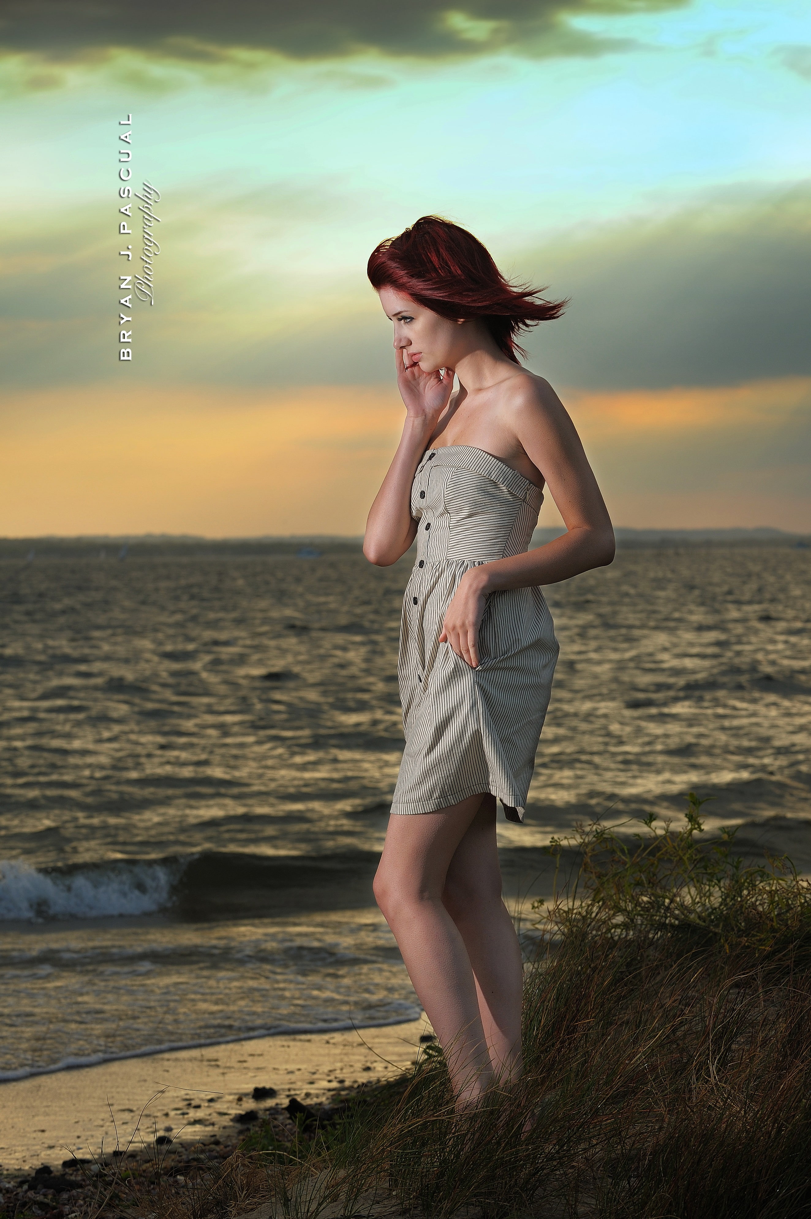 striped clothing, windy, model, profile, Bryan L. Pascual, lifting skirt, Susan Coffey, 4K, bare shoulders, strapless dress, redhead, women, Phone HD Wallpaper