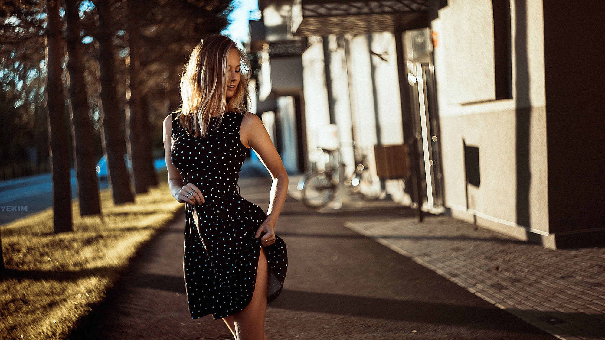 Mikhail Yekim, women, 1080P, lifting skirt, blonde, bokeh, black dress, polka dots, HD Wallpaper