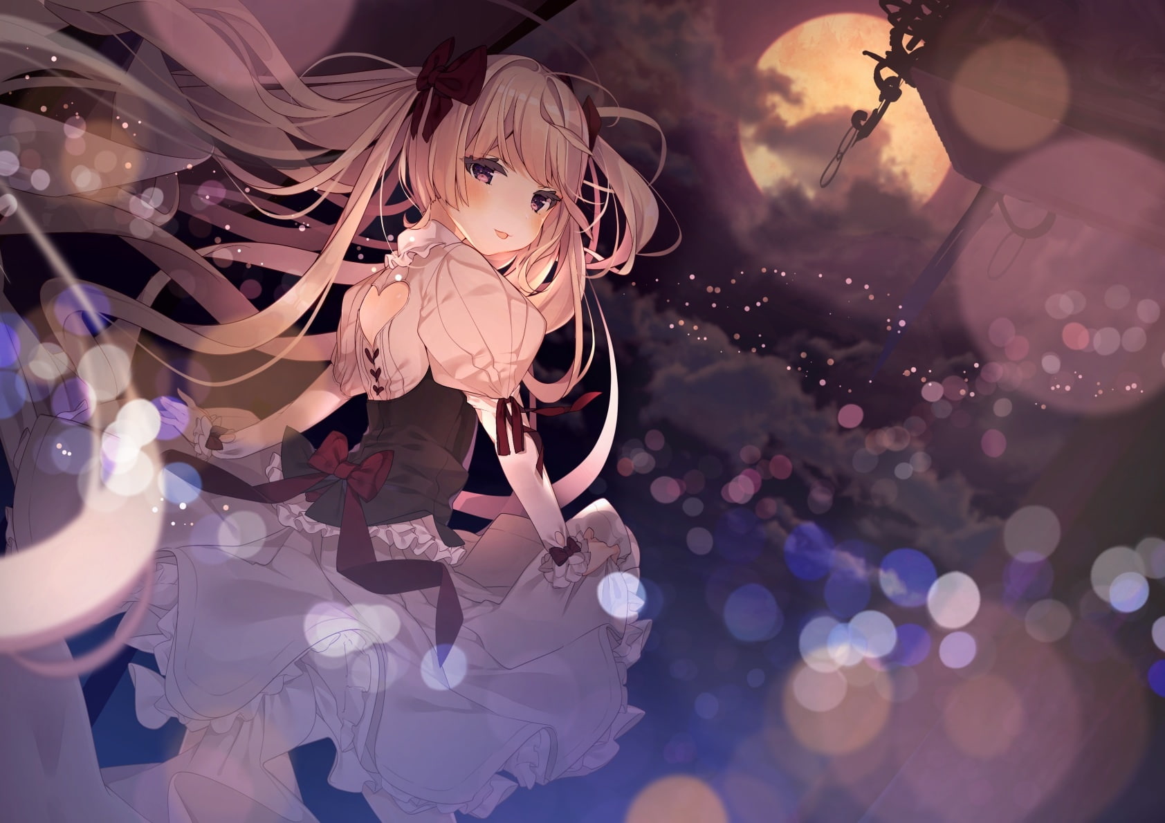 eyes, moon, bow, long, skirt, twintails, 242179, pink, dress, com, original, hair, lift, kabako, 720P, ribbons, konachan, blonde, HD Wallpaper
