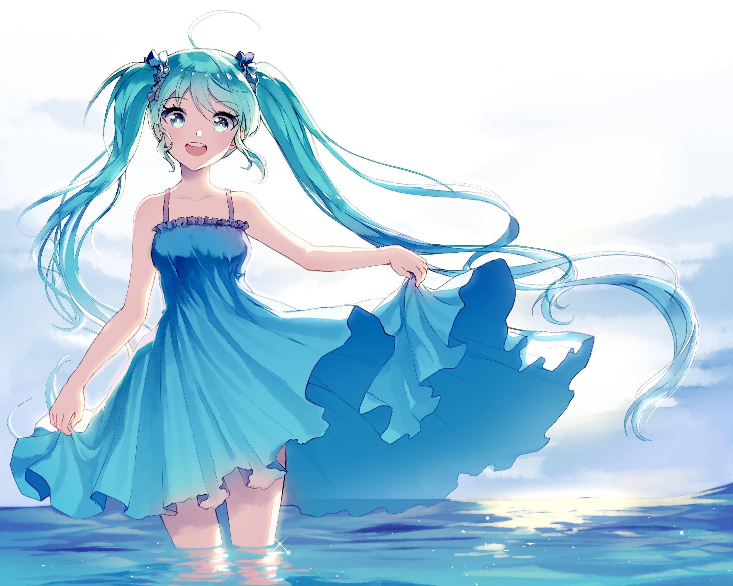 aqua, lift, twintails, dress, 1080P, long, water, hair, mechuragi, vocaloid, konachan, eyes, miku, clouds, 243725, skirt, com, sky, hatsune, HD Wallpaper