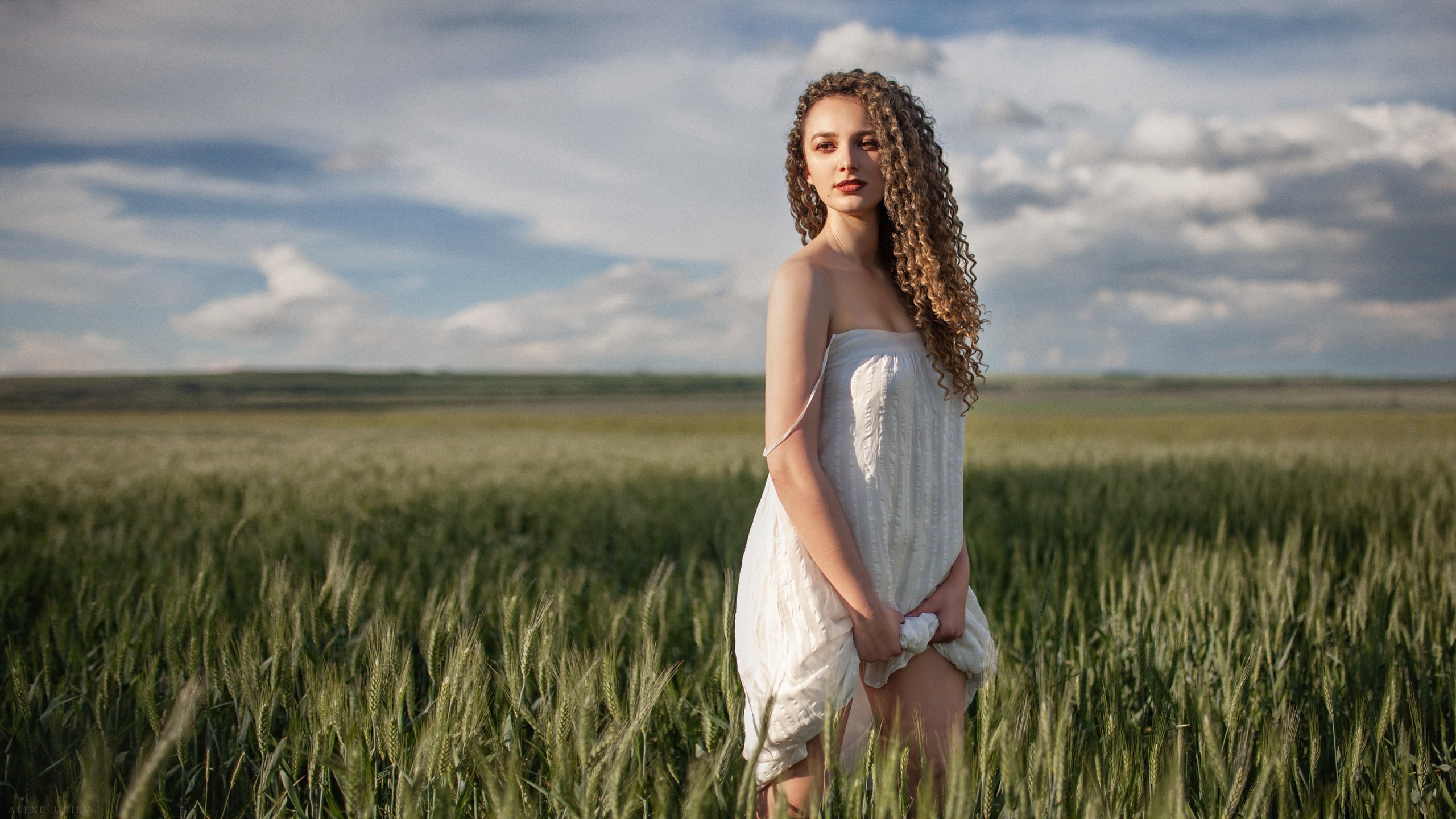 portrait, white dress, lifting dress, sky, dress, 2K, field, brown eyes, looking away, depth of field, blonde, model, bare shoulders, women, wheat, red lipstick, HD Wallpaper