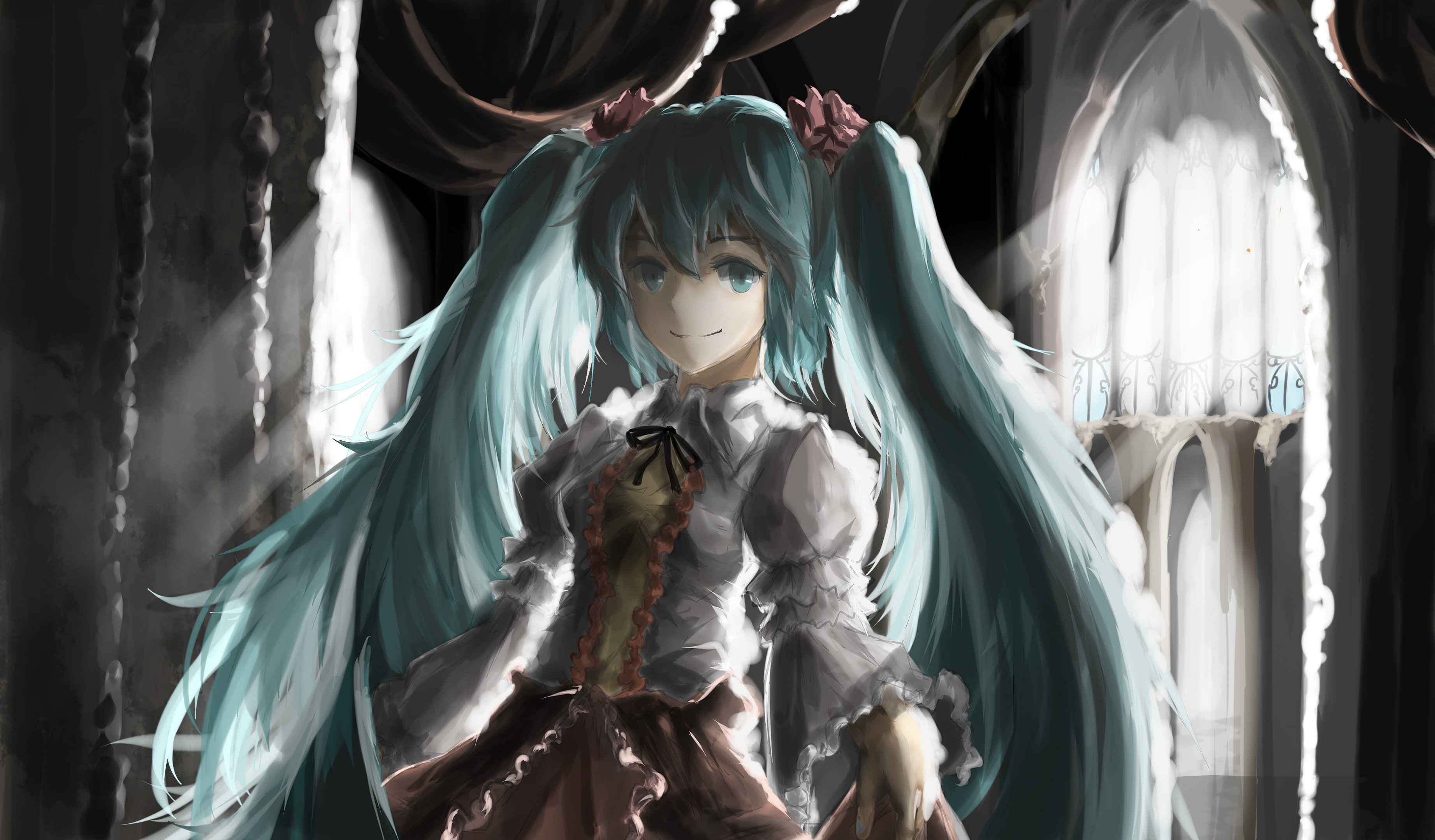 hair, long, vocaloid, ornaments, hatsune, bangs, dress, twintails, skirt, smiling, soft, girls, miku, eyes, lift, anime, indoors, aqua, 2K, churches, shading, HD Wallpaper