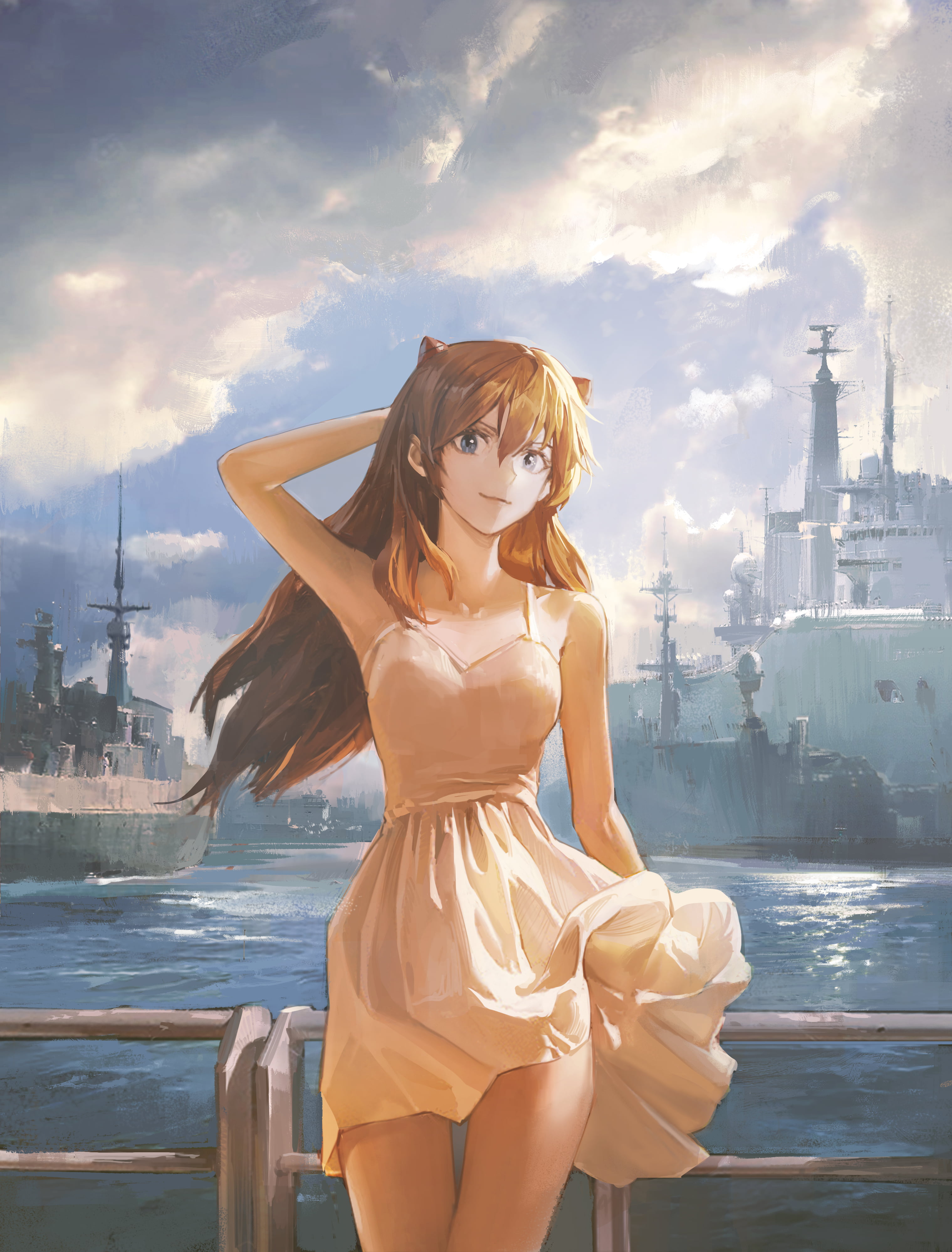 Butter Squid, anime girls, smile, artwork, thighs, ocean view, Neon Genesis Evangelion, railing, Asuka Langley Soryu, lifting dress, looking at viewer, Phone HD Wallpaper