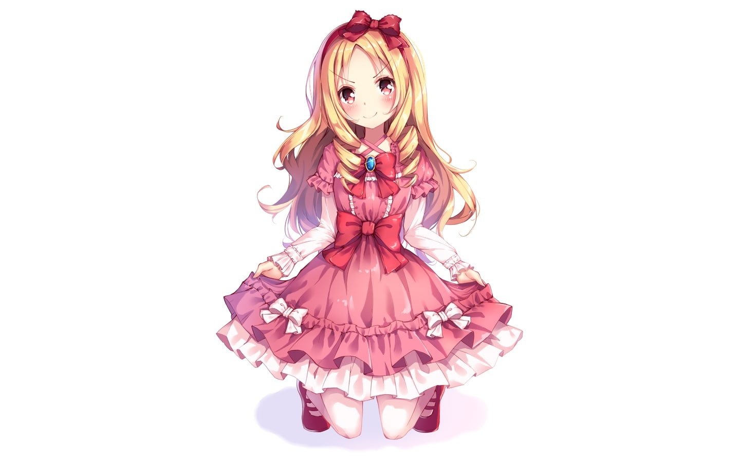 dress, hair, yamada, eyes, 720P, elf, 244484, com, long, red, shiero, bow, eromanga-sensei, blush, white, lift, lolita, konachan, thighhighs, blonde, skirt, HD Wallpaper