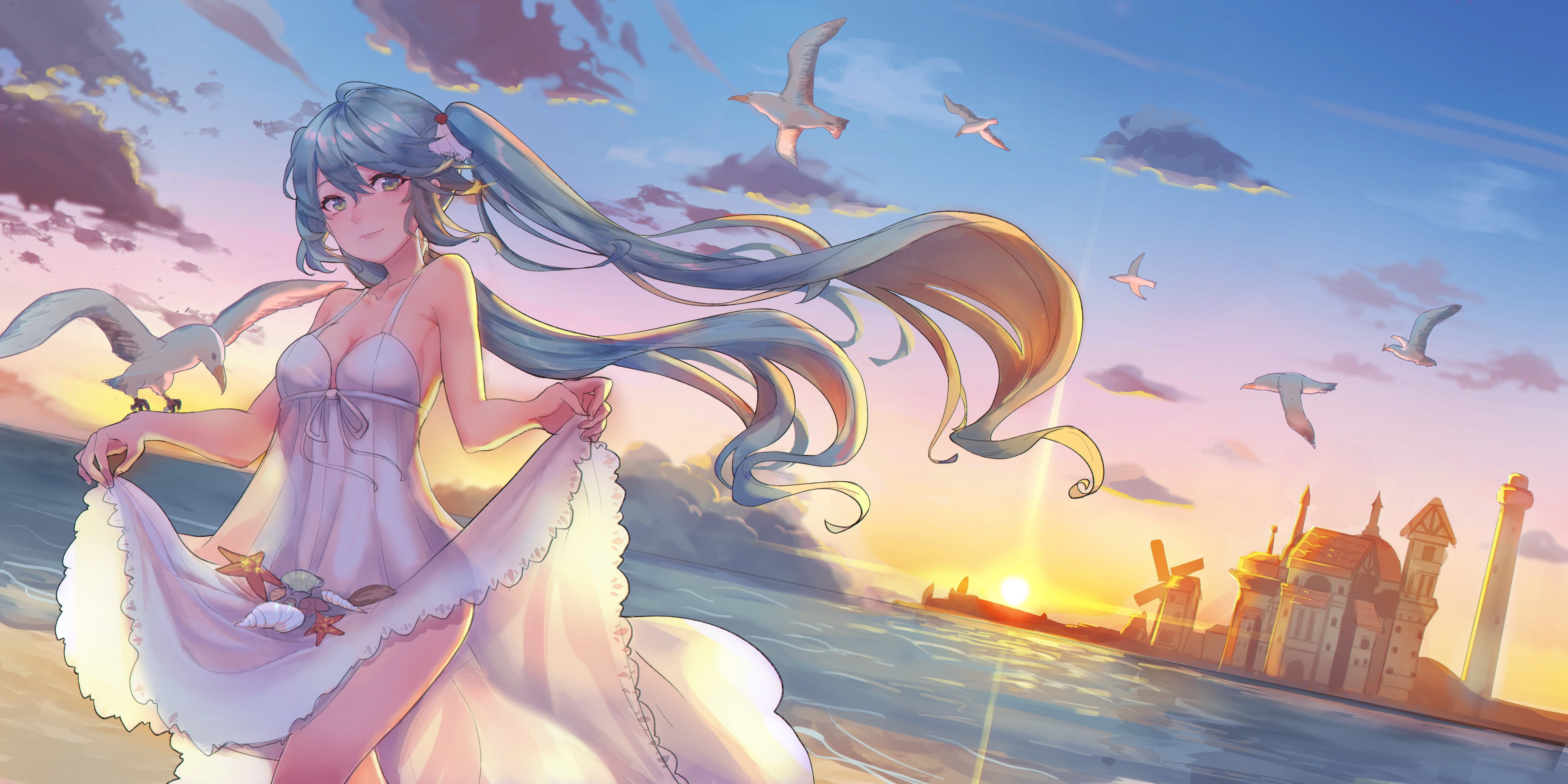 anime girls, smiling, lifting dress, Ice (artist), Vocaloid, 4K, Hatsune Miku, HD Wallpaper