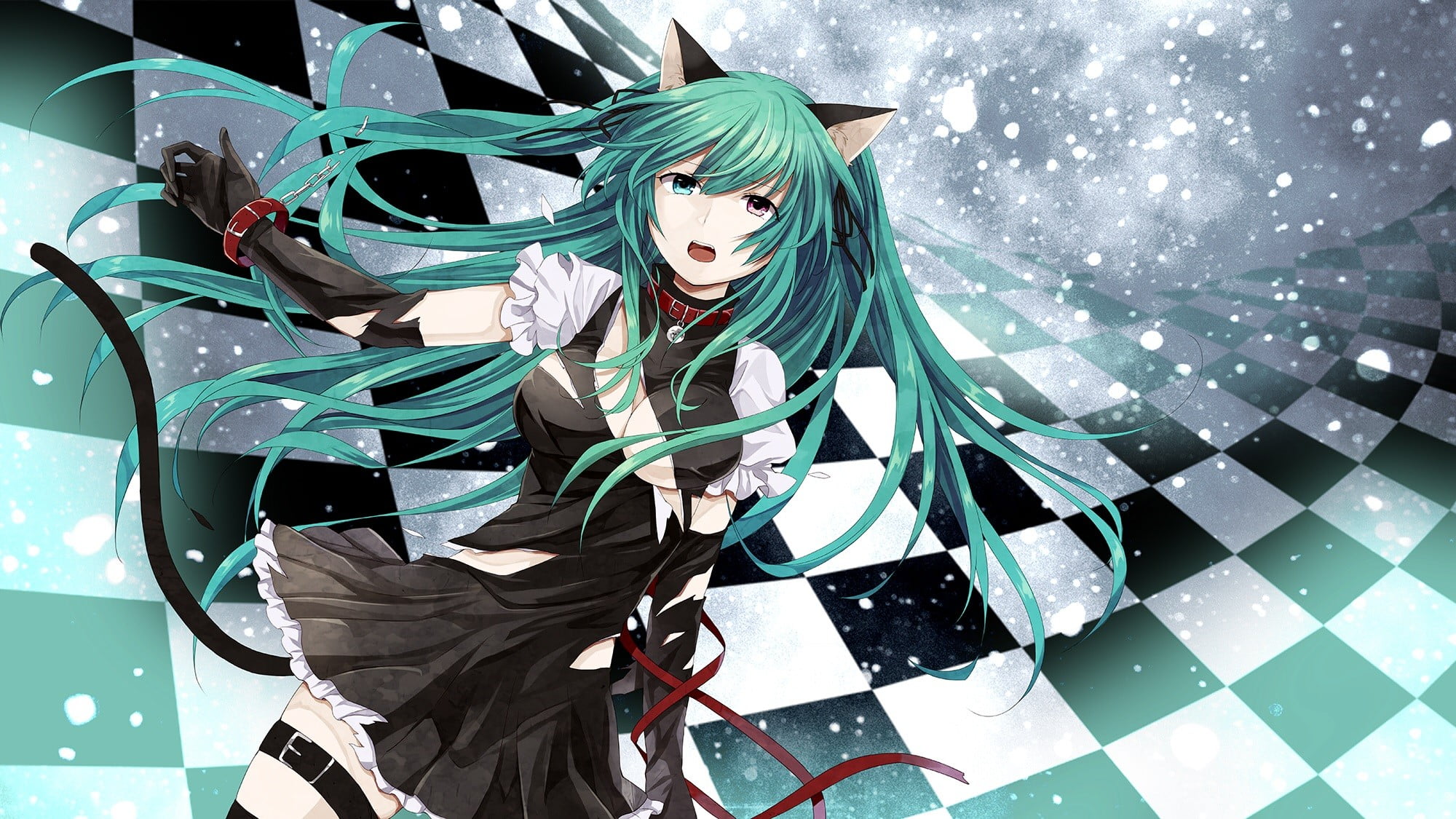 turquoise colored, anime, large group of objects, 1080P, looking at camera, real people, leisure activity, day, anime girls, representation, heterochromia, HD Wallpaper