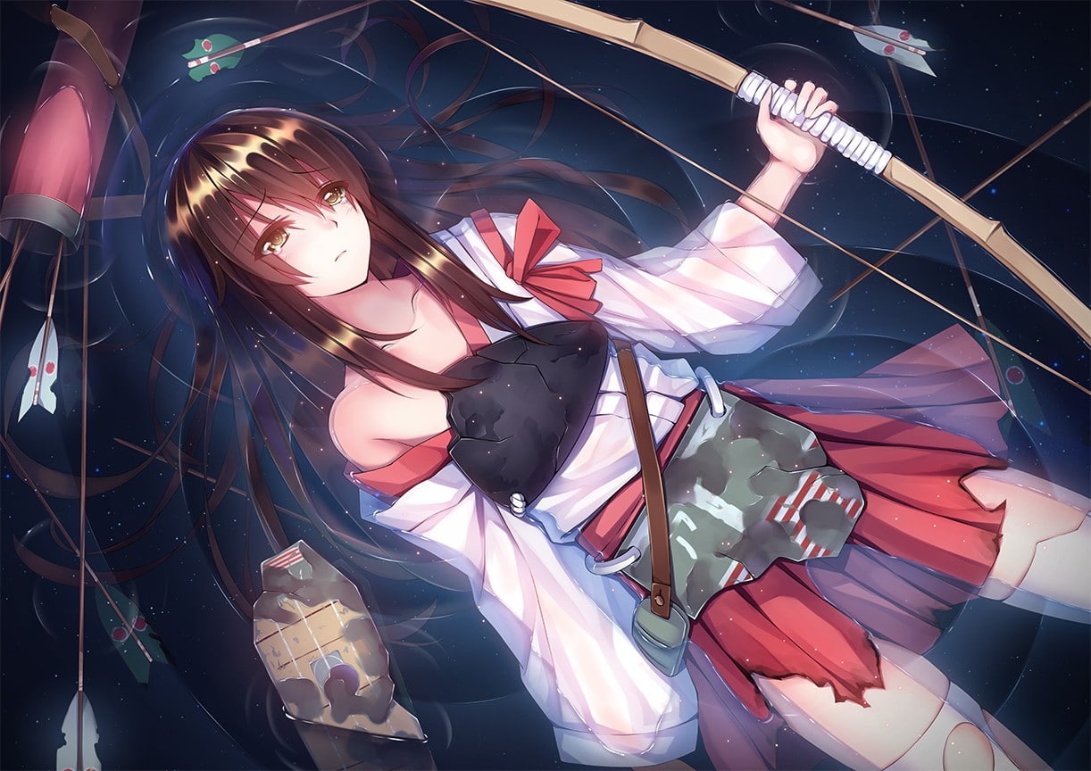 water, Akagi (KanColle), arrows, bow, crying, Kantai Collection, long hair, 480P, thigh-highs, anime girls, ripped clothes, anime, HD Wallpaper