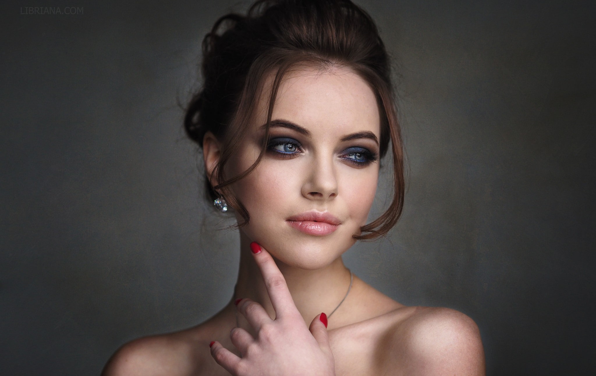Polina Bodrova, painted nails, portrait, face, looking away, 1080P, Libriana, women, simple background, HD Wallpaper