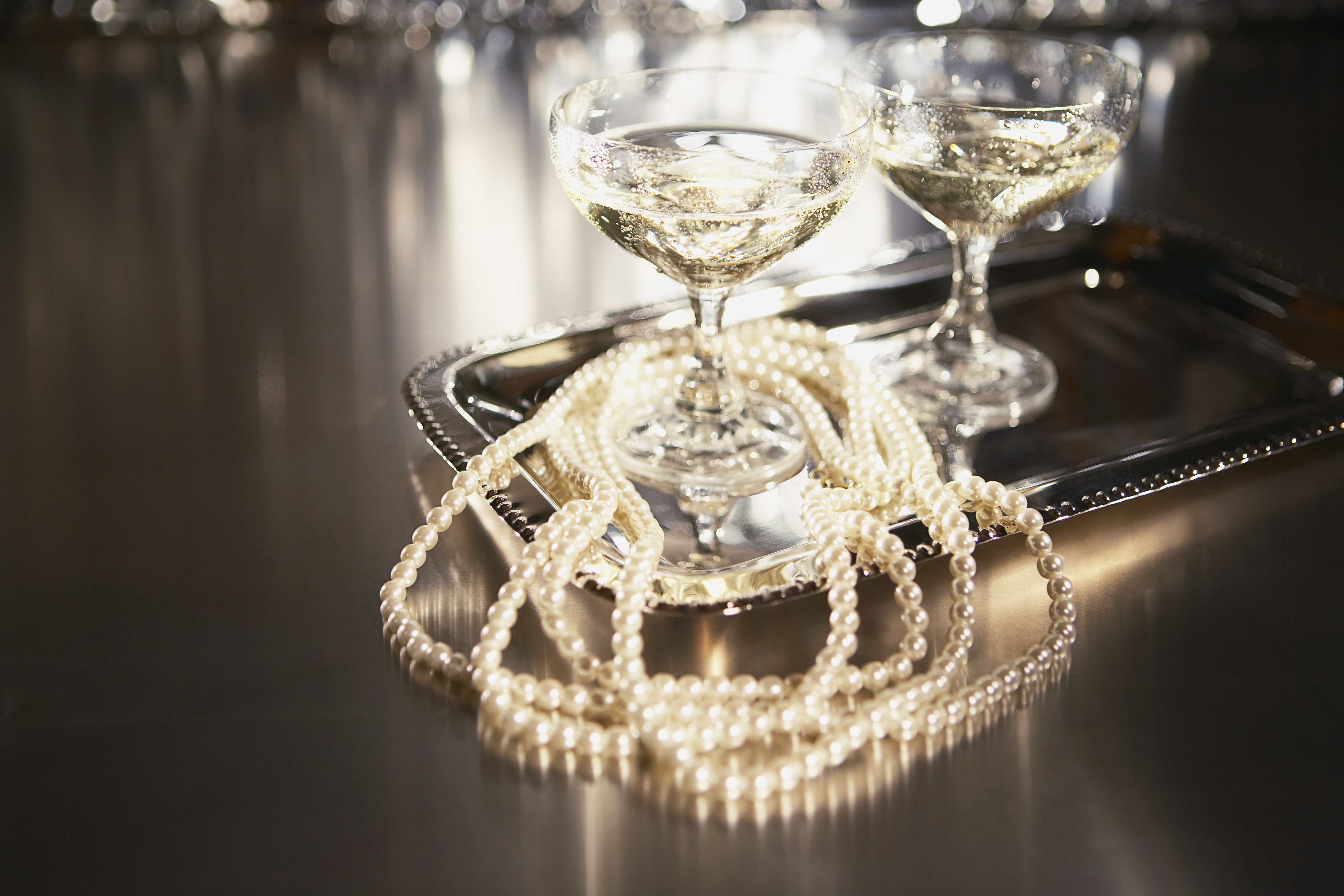 tray, beads, glasses, necklace, champagne, pearl, 5K, HD Wallpaper