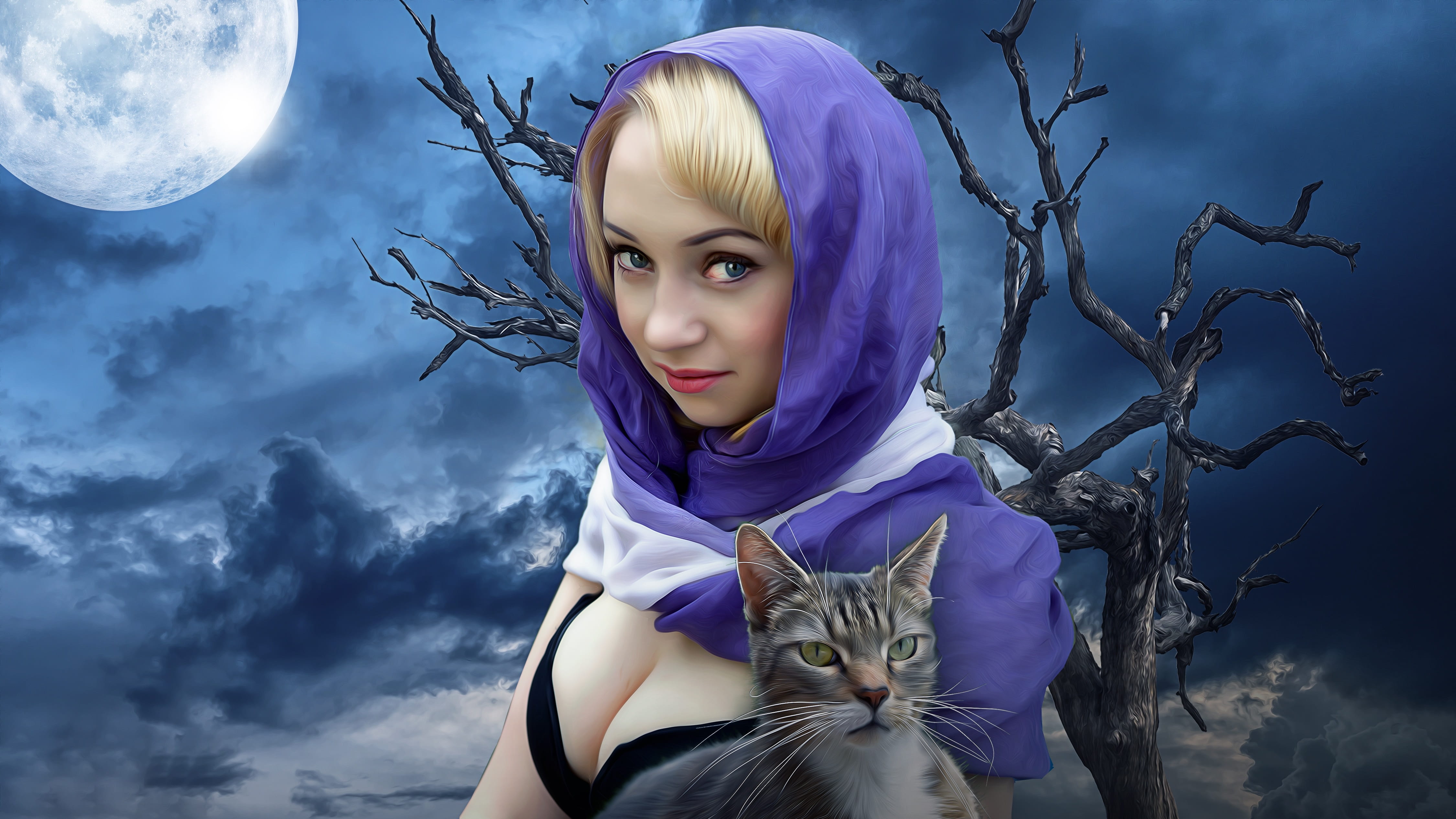 mammal, contemplation, hooded, female, feline, nature, young, dramatic sky, purple, gothic, tree, one animal, young women, moon, dead tree, girl, woman, HD Wallpaper