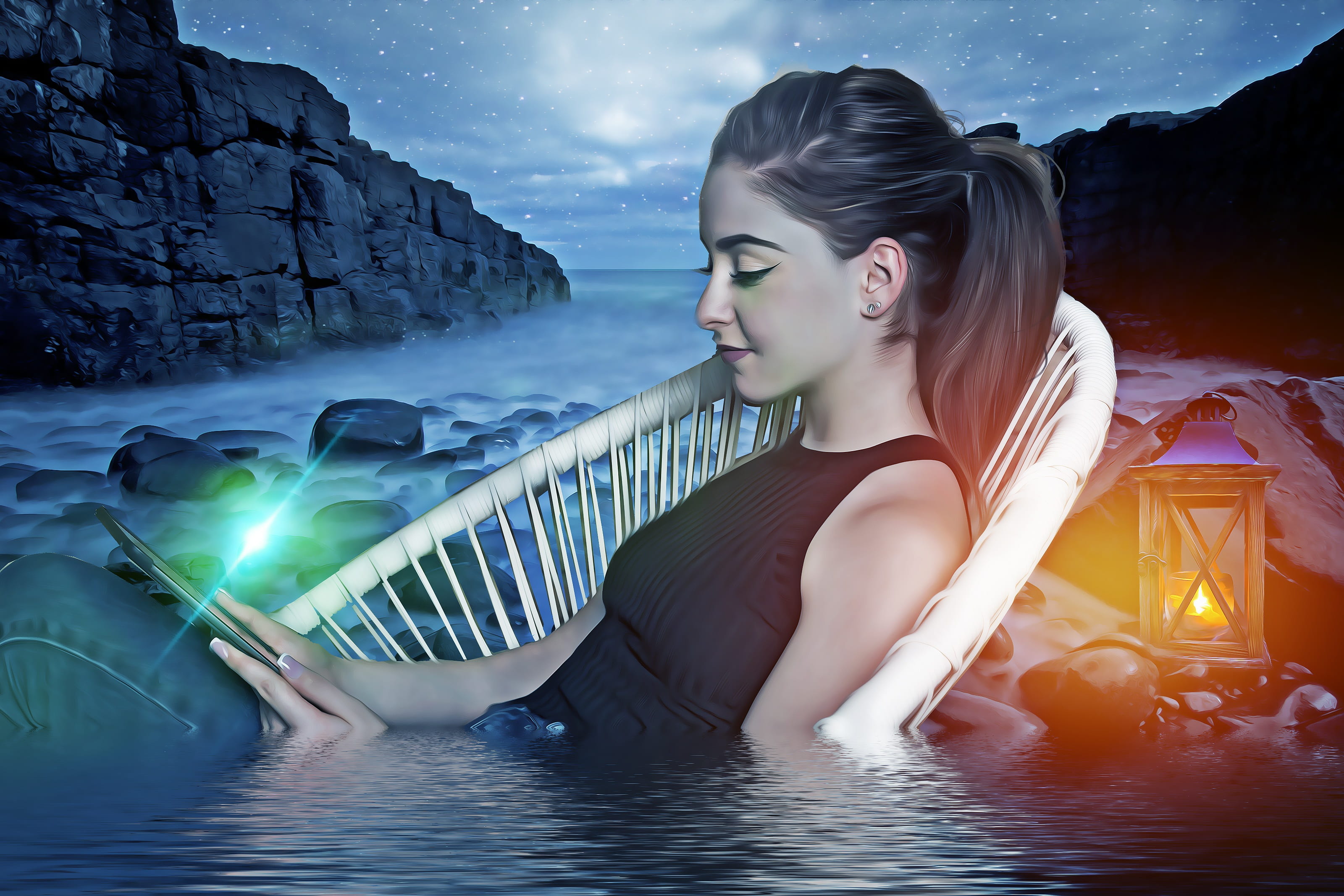 looking, leisure activity, young, fantasy, sea, beautiful woman, chair, fantasy portrait, woman, hairstyle, nature, women, young adult, rocks, lifestyles, HD Wallpaper