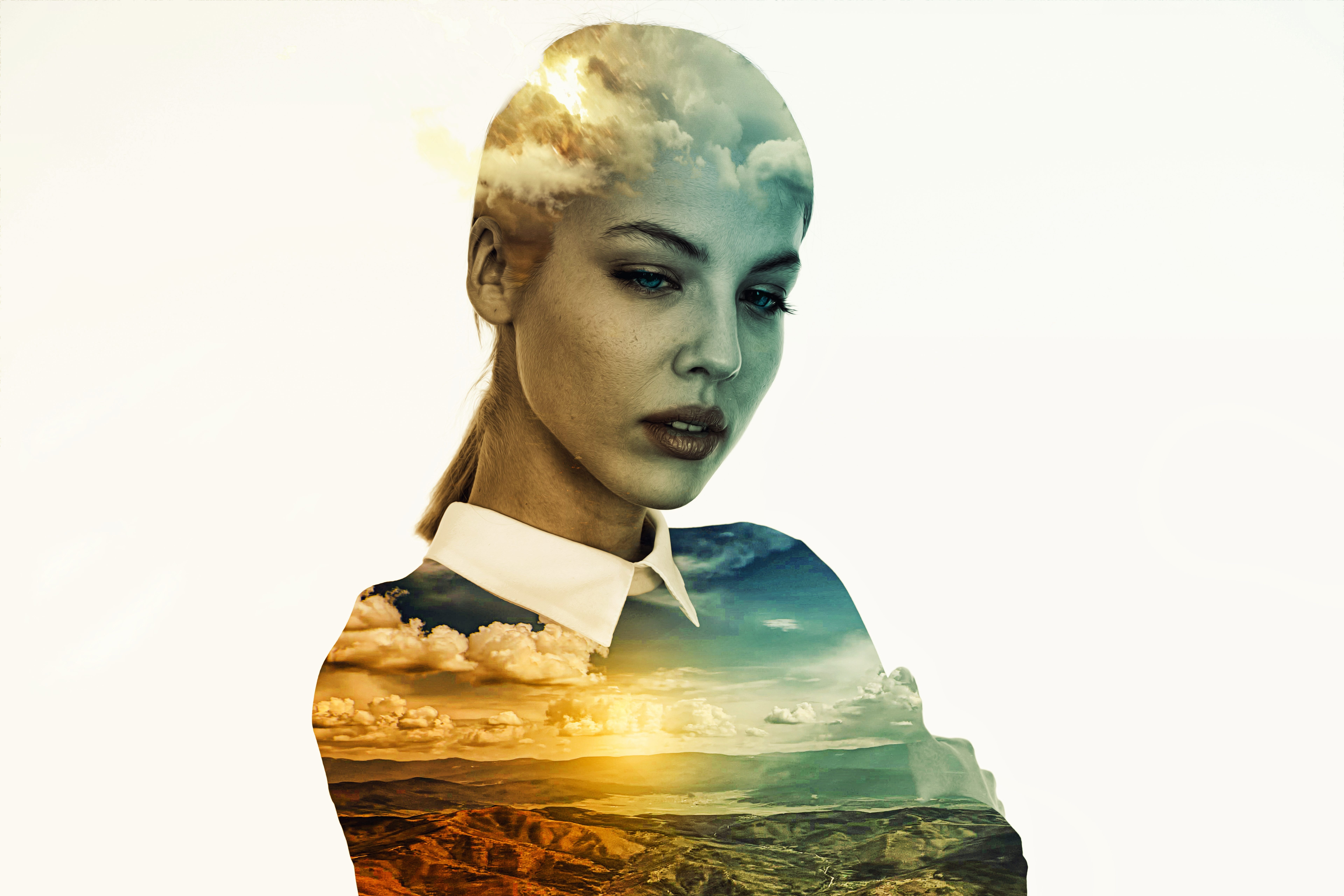 contemplation, exposure, white, multiple exposure, digital composite, looking at camera, sky, nature, 8K, clouds, one person, model, portrait, fashion, HD Wallpaper