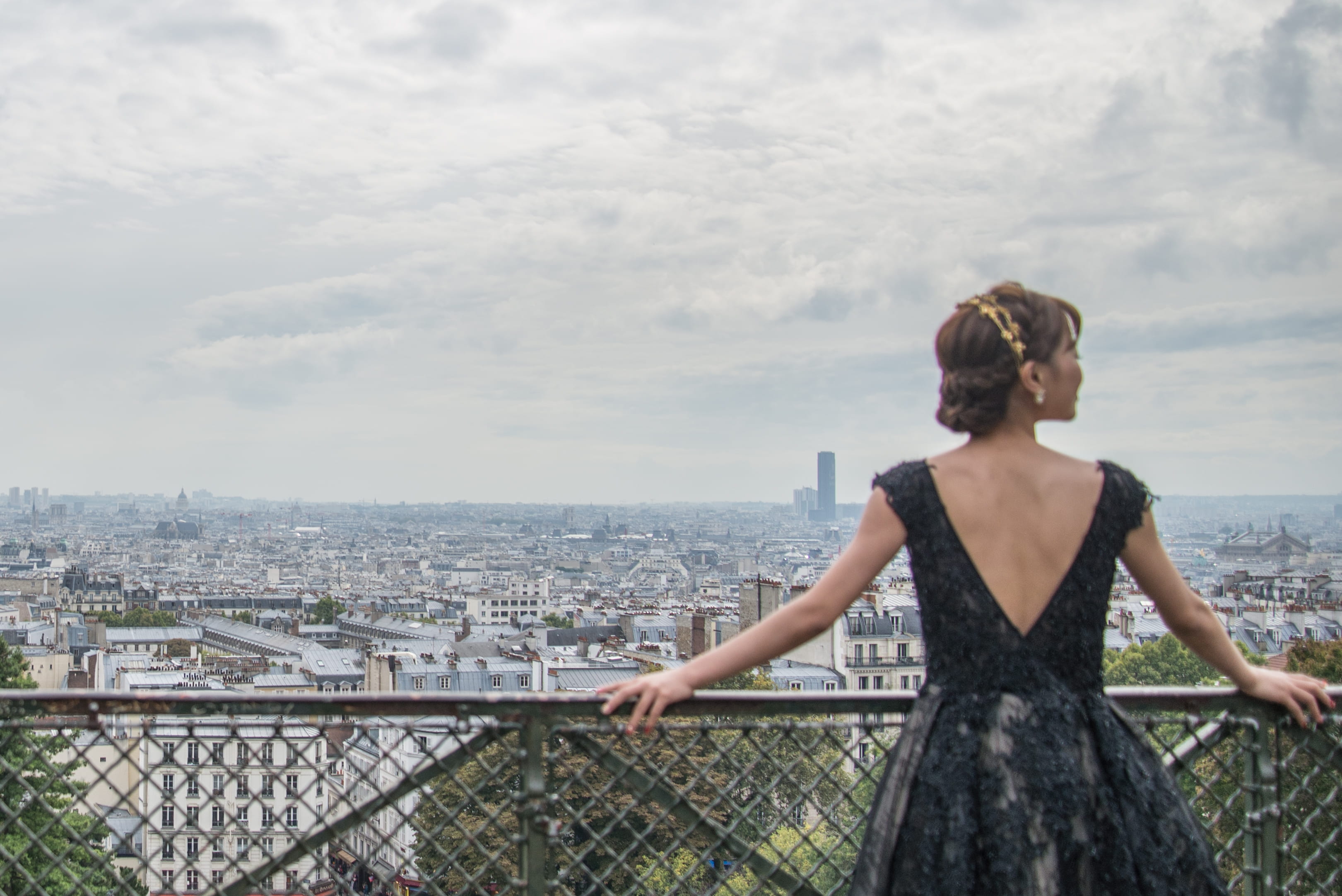 built structure, girl, clouds, black, contemplation, france, leisure, sky, cloud - sky, buildings, lady, three quarter length, pose, standing, landscape, HD Wallpaper