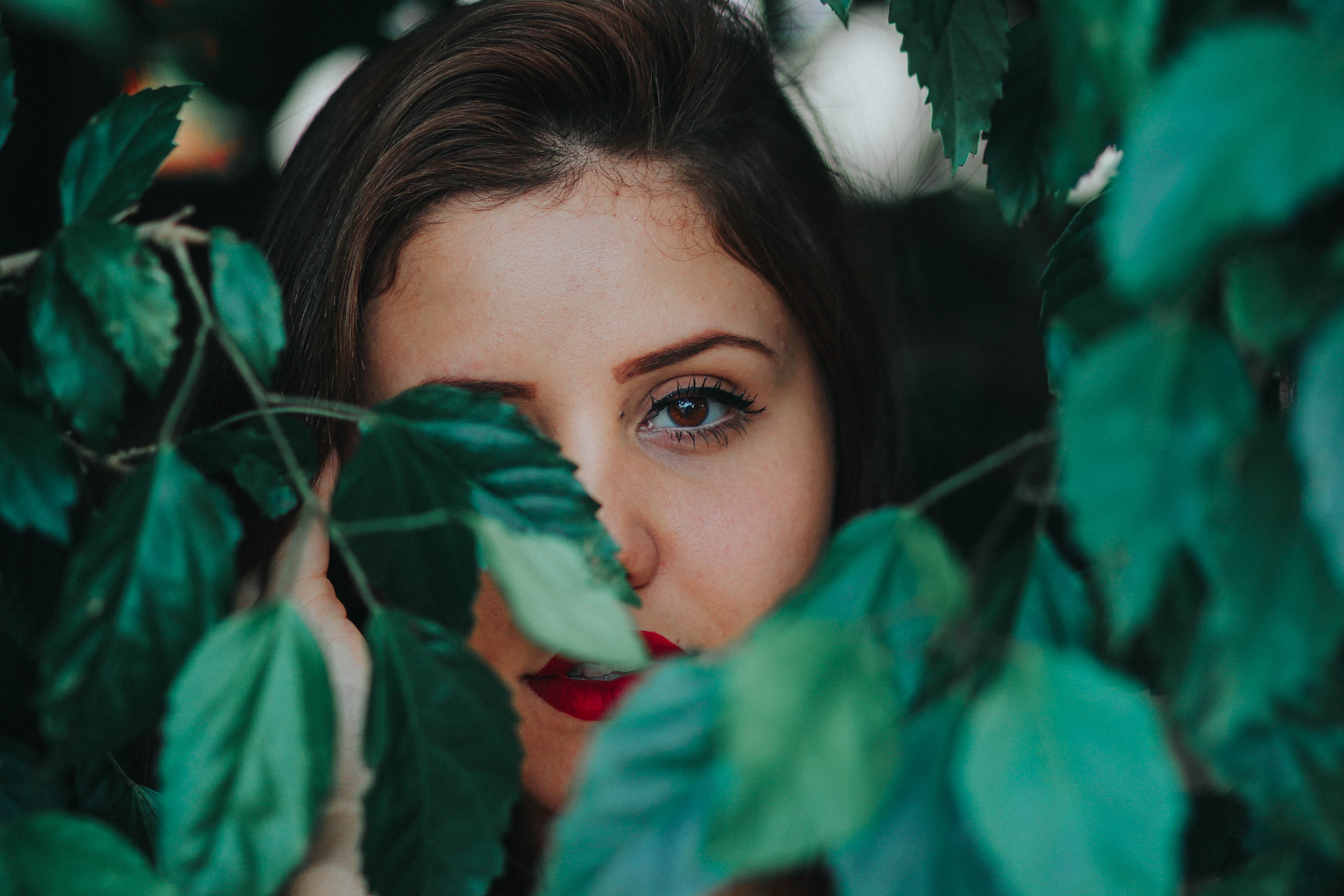 young women, plant part, women, looking at camera, hair, woman, haired, eye, leisure activity, close-up, teenager, brunette, nature, beautiful woman, behind, HD Wallpaper